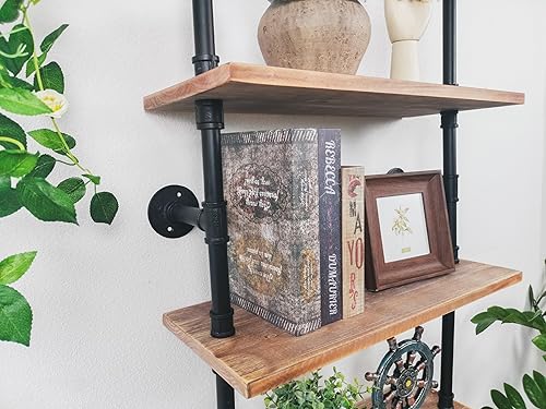 Miniatura 43 de Estantería industrial de 5 niveles, estantería rústica de tubería de metal de madera montada en la pared para sala de estar (marrón envejecido, 10