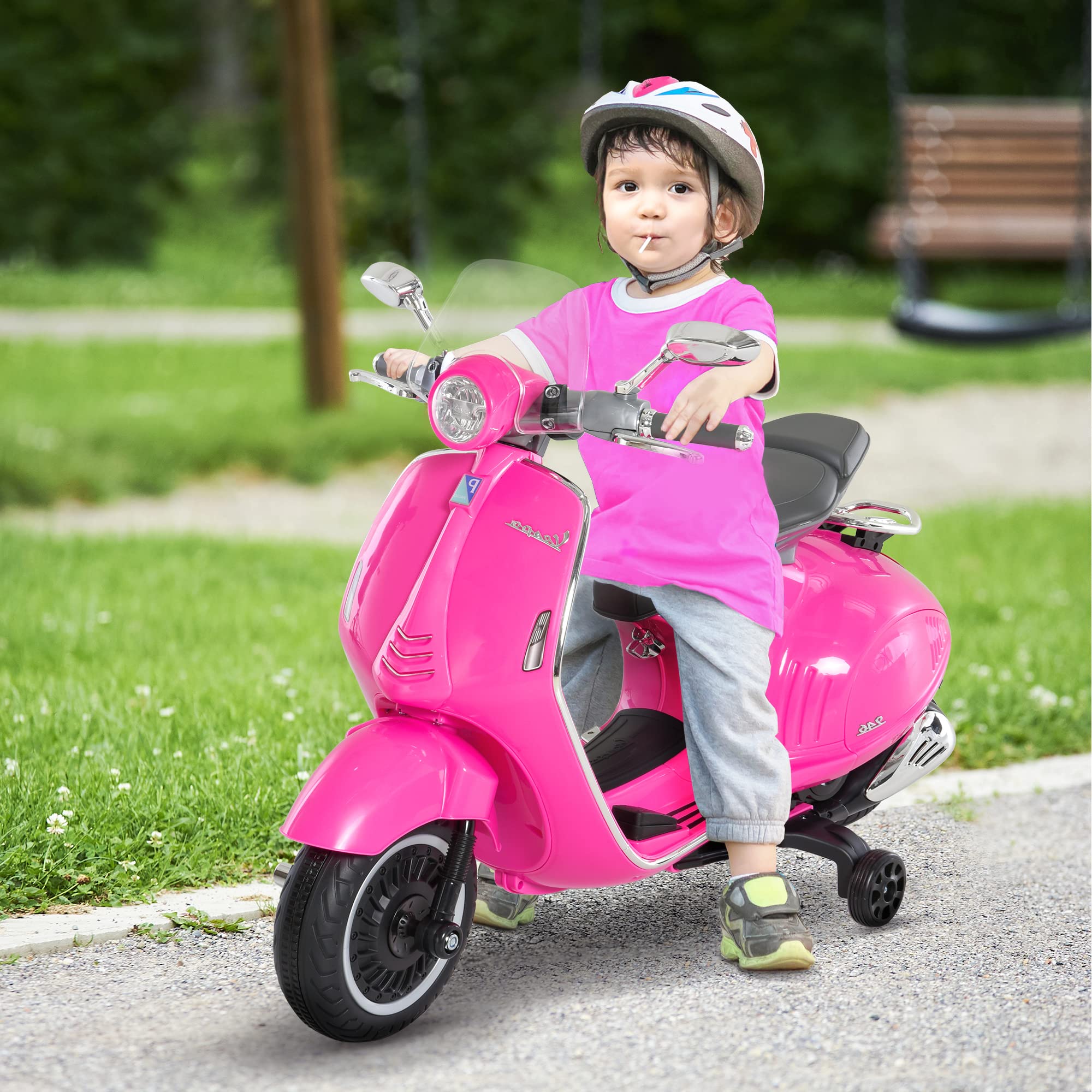 HOMCOM Vespa Elettrica per Bambini con 2 Rotelle, Luci e Suoni, Moto Elettrica per Bambini 3+ Anni, Moto Giocattolo in PP e Acciaio, 108x49x75 cm, Rosa