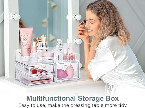 Miniatura 7 de GORET Organizador de maquillaje de tocador, almacenamiento de cosméticos acrílicos con gran capacidad, 3 cajones para encimera de baño, perfume,