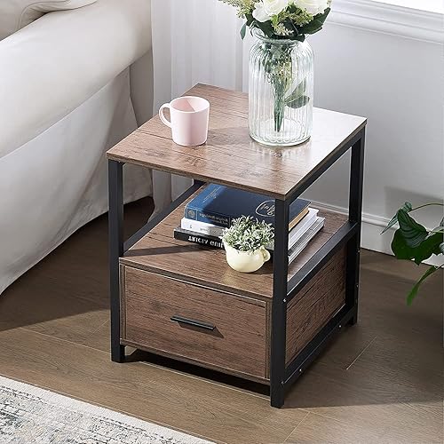 Miniatura 4 de VECELO Juego de 2 mesitas de noche, mesa auxiliar cuadrada moderna, mesitas de noche con cajón y estante de almacenamiento para dormitorio, sala de