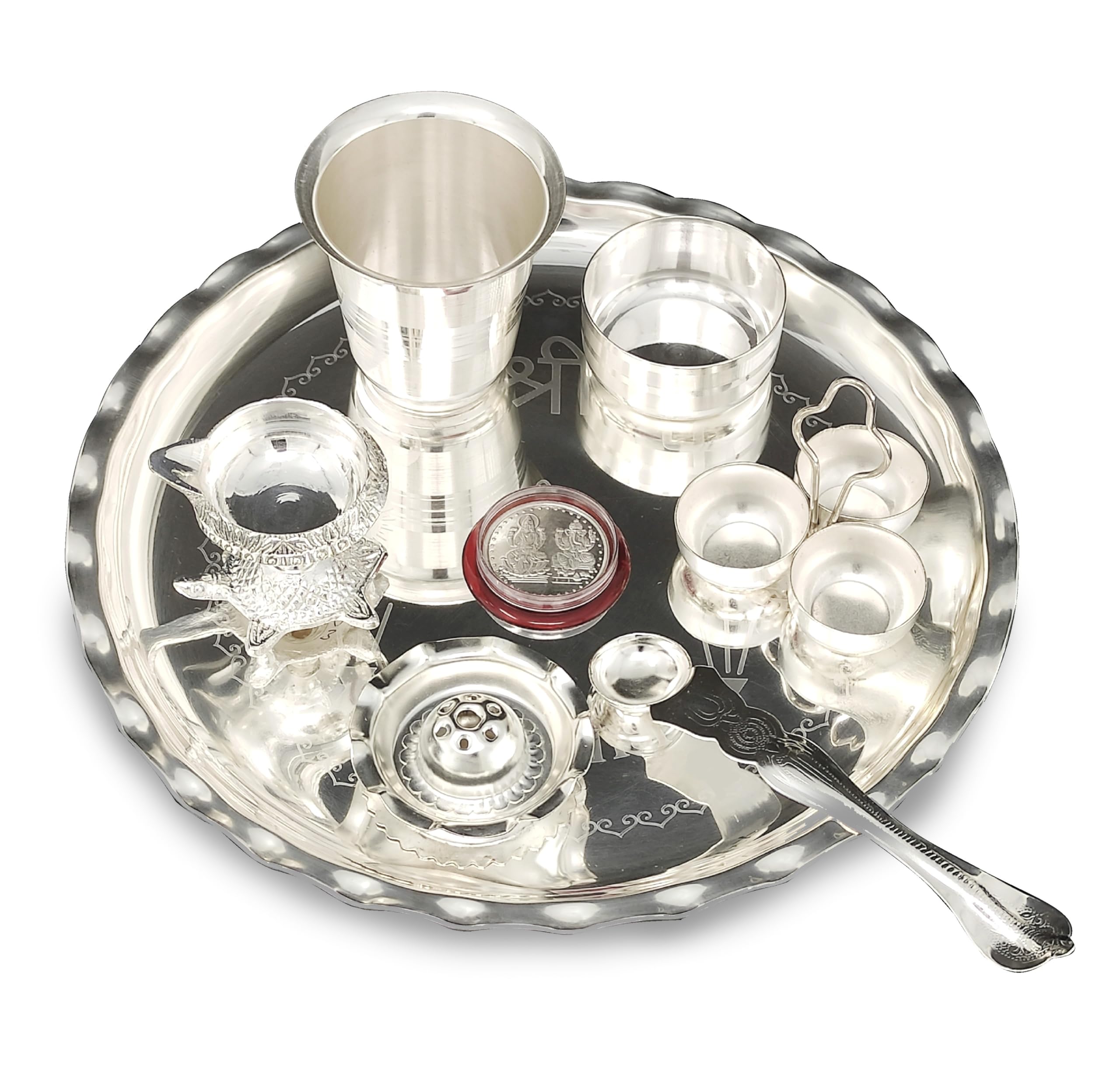 Assiette Pooja Thali en argent de 24 cm Bengalen avec bol en verre et accessoires de rituel