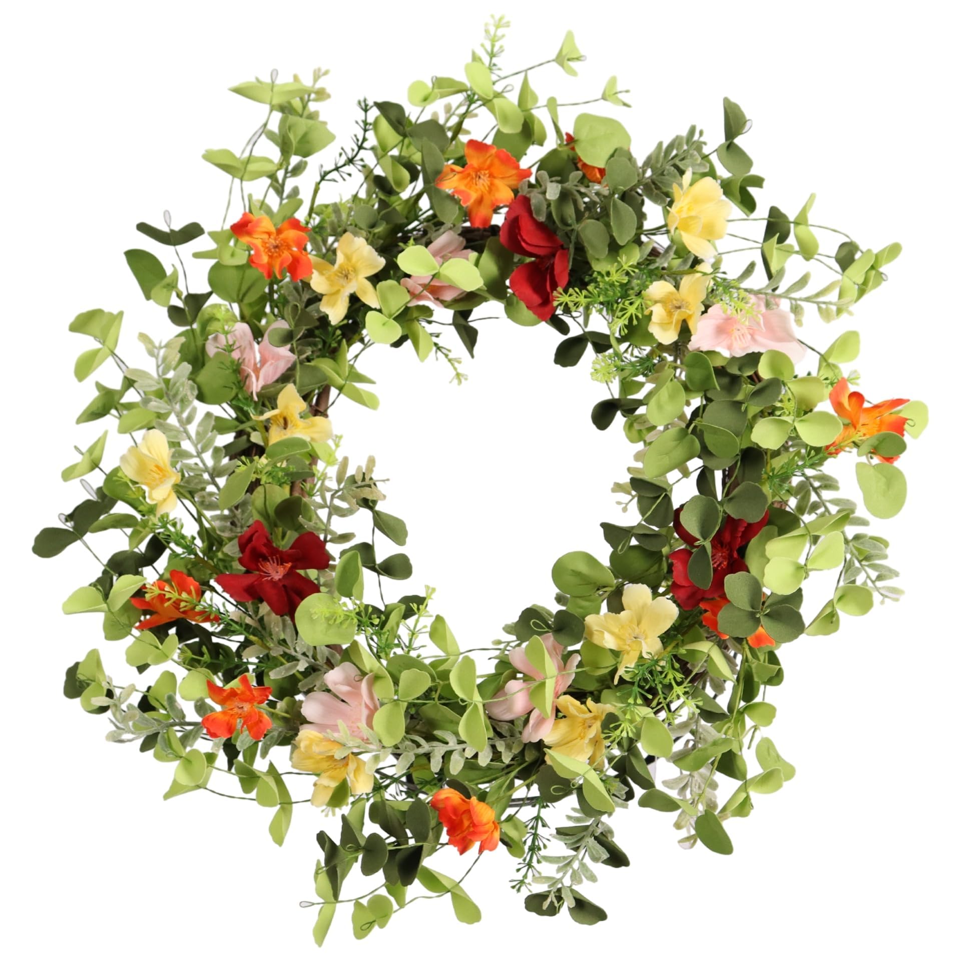 Pudate 22IN Artificial Spring Summer Wreath with Wild Flowers & Silk Daisies Eucalyptus, UV Resistant, Colorful Wreath - for Spring Summer Indoor Outdoor Home Décor