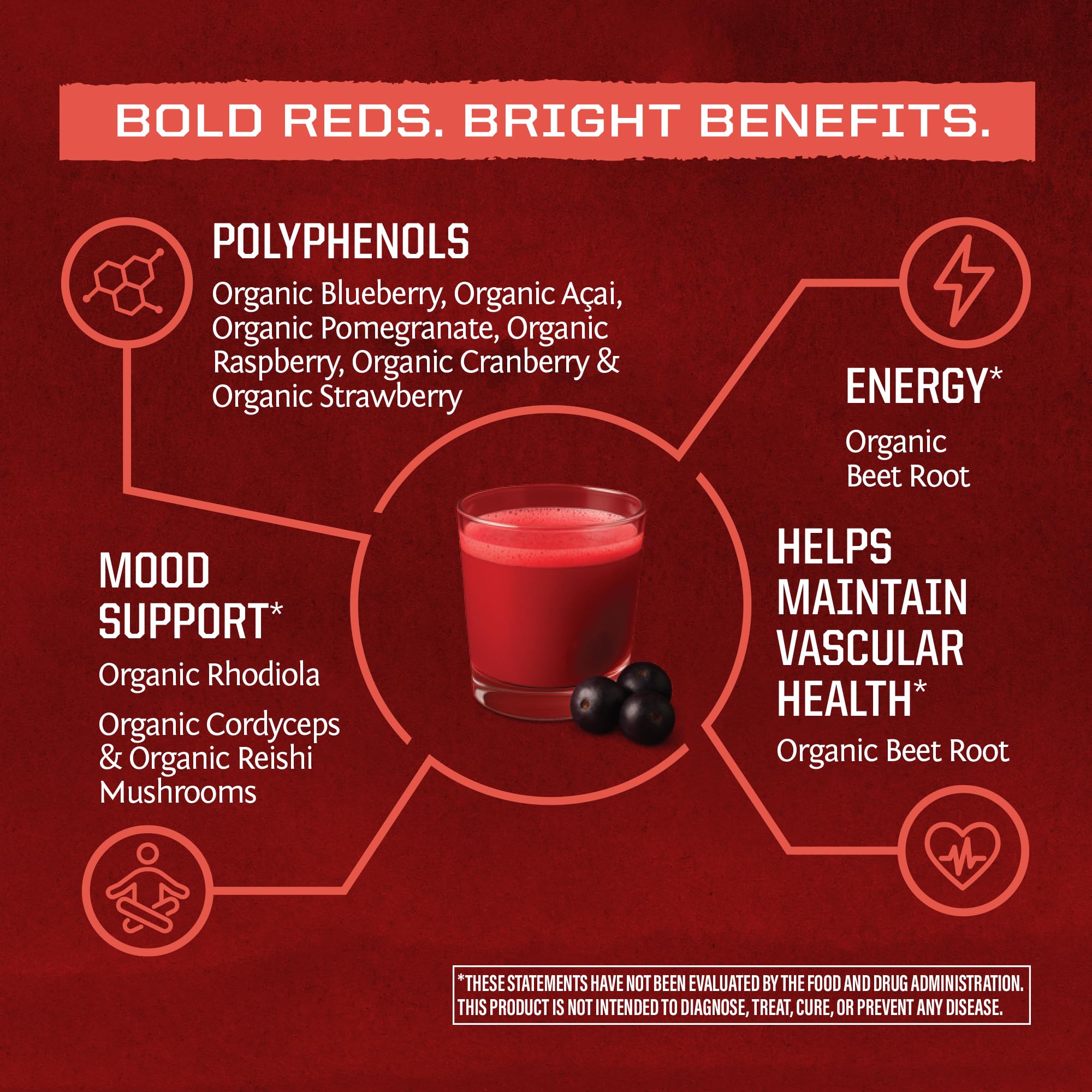 Organic Super Reds Powder 11 Superfoods with Beet Root, Berries, Reishi & Cordyceps – Natural Energy, Circulation & Immune Support – USDA Organic Vegan Non-GMO, Gluten-Free Superfood Drink 28 Servings — Amazon image 4