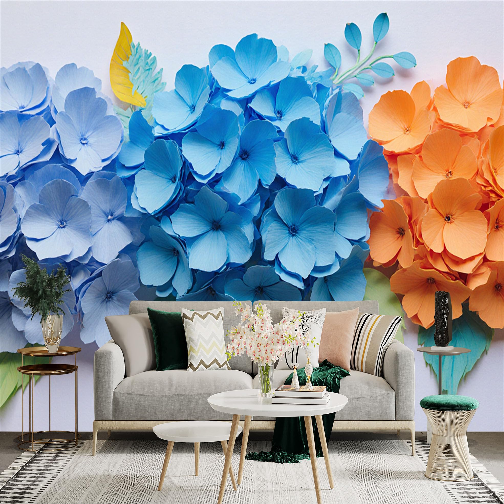 Custom Size Wall Sticker Mural， Paper Craft Hydrangea Blooms， Colorful Floral Art， Vibrant Blue and Orange Petals， for wall Decoration， peelandstick wall Decals.
