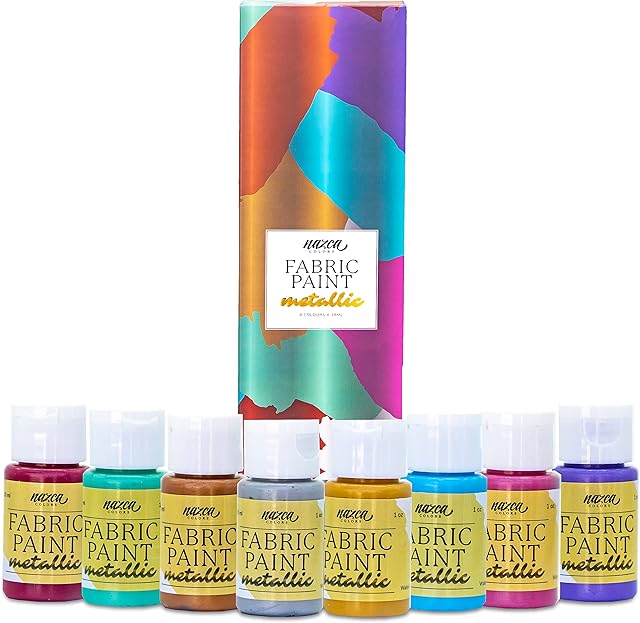Nazca Colors Metallic Fabric Paint - 8 Metallic Colours Set x 30ml - Permanent Washproof Textile Paints Ideal for Painting T-Shirts, Clothes, Garments, Sneakers, Jeans, Bags, Leather and Any Tissue