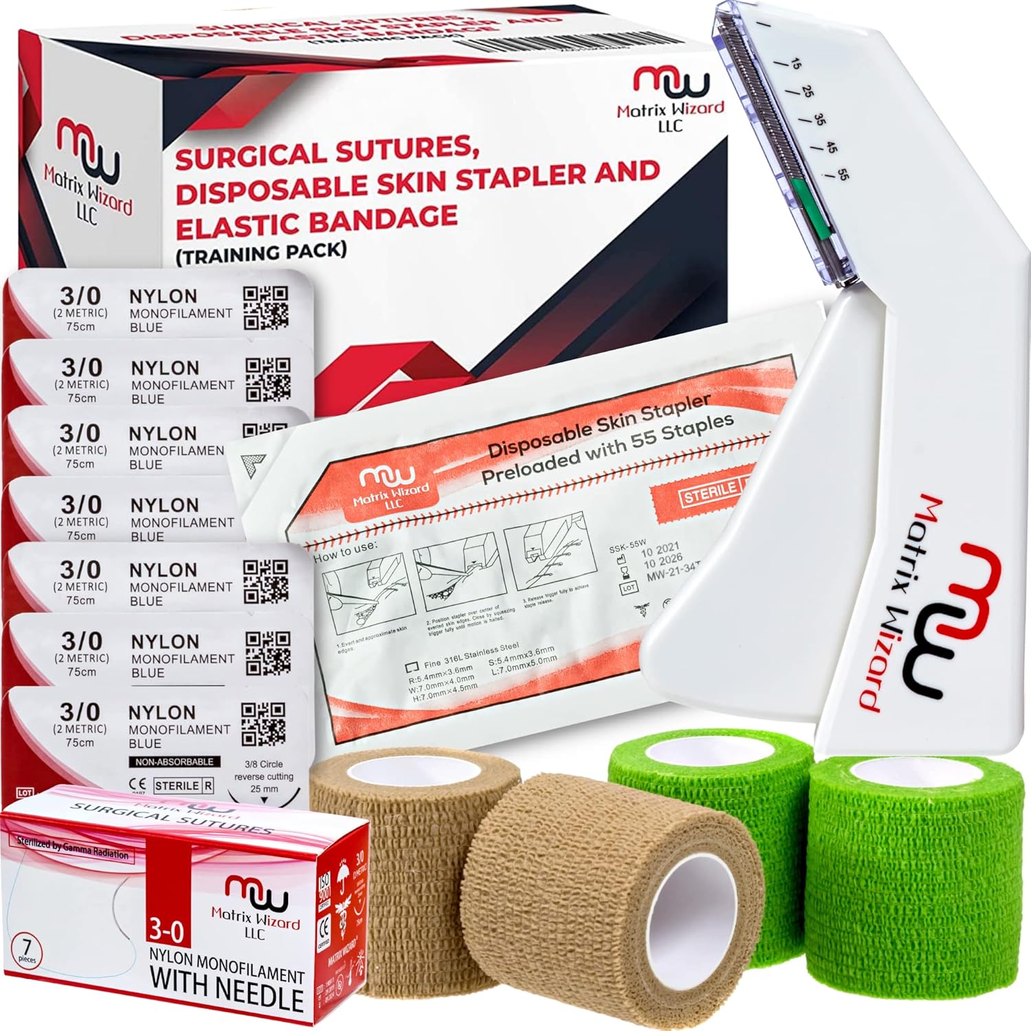 Sterile Suture Thread with Needle, Disposable Skin Stapler, Self Adhesive Bandage Wrap Tape (Combo Pk) - First Aid Demo, Emergency Survival Drill, Camping Preparedness, MD Trauma Training : Industrial & Scientific