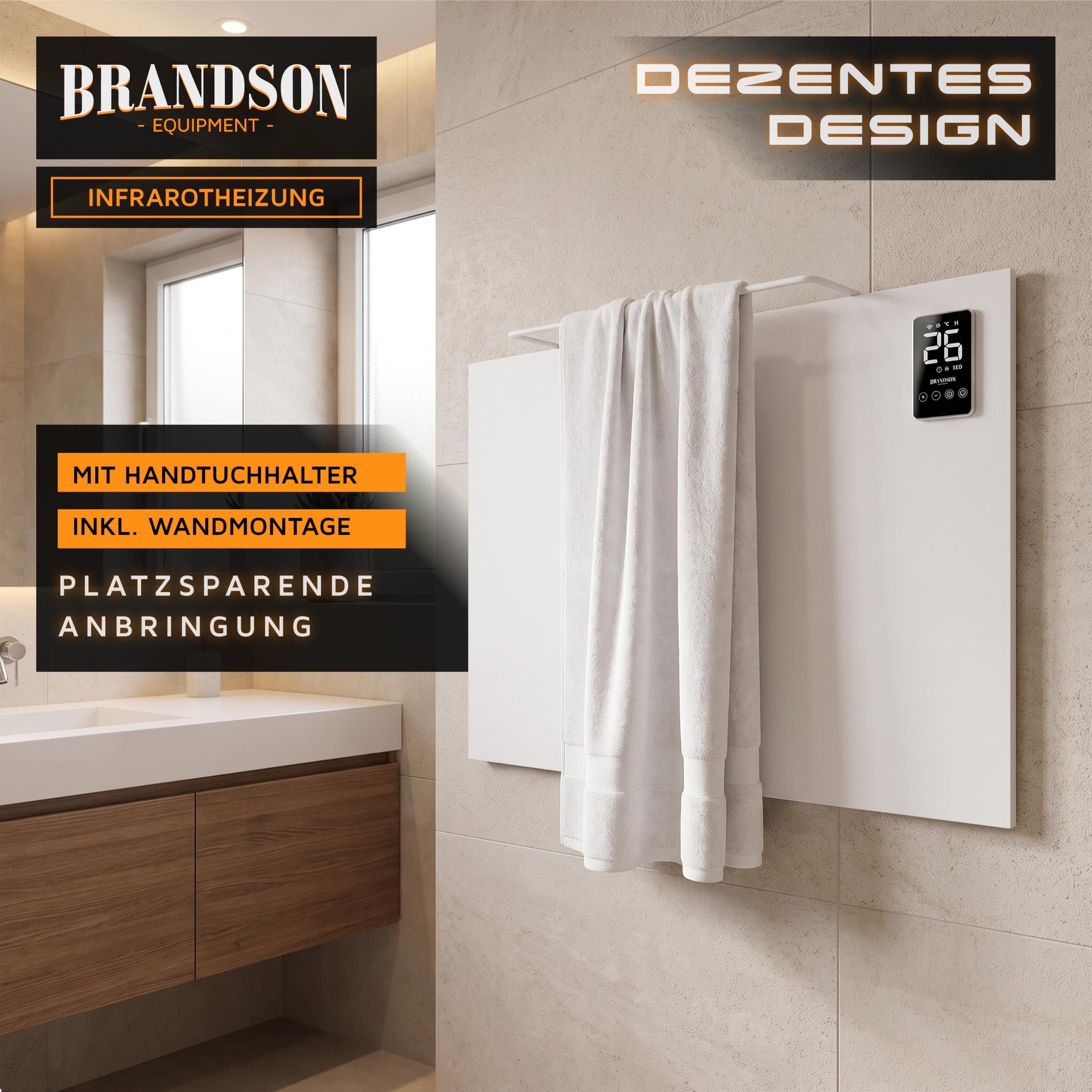 Brandson - Infrarotheizung Smart mit App 450 Watt - Heizpaneel mit LED Display – Timer – APP Tuya Smart - Temperaturfühler Thermostat – wahlweise Wandmontage oder Standgerät - Heizung Infrarot