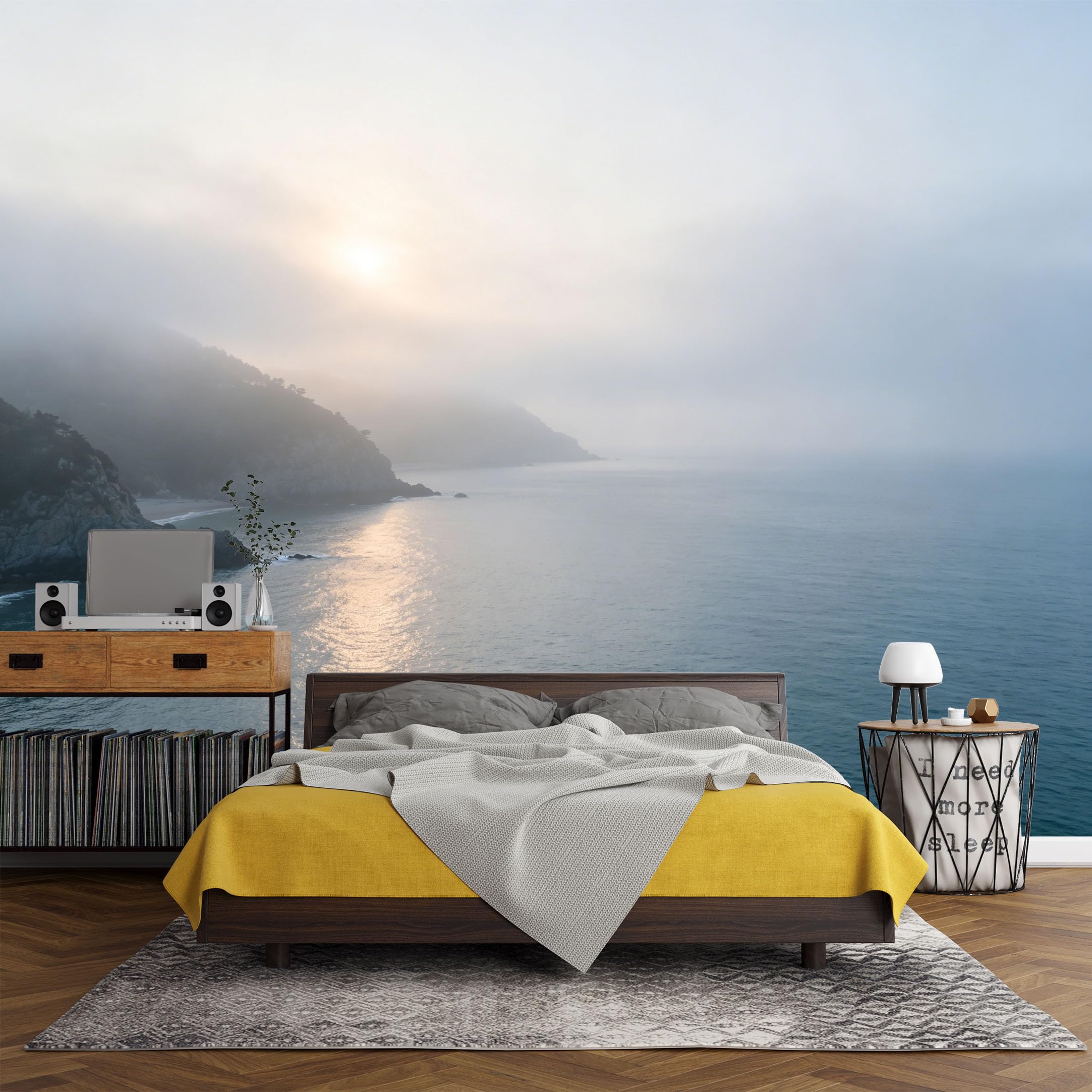 Custom Size Wall Mural， Coastal Misty Cliff Ocean Sunrise Seascape，SelfAdhesive Art Prints wall Fabric (No PVC) Removable Wallpaper Living Room Decor