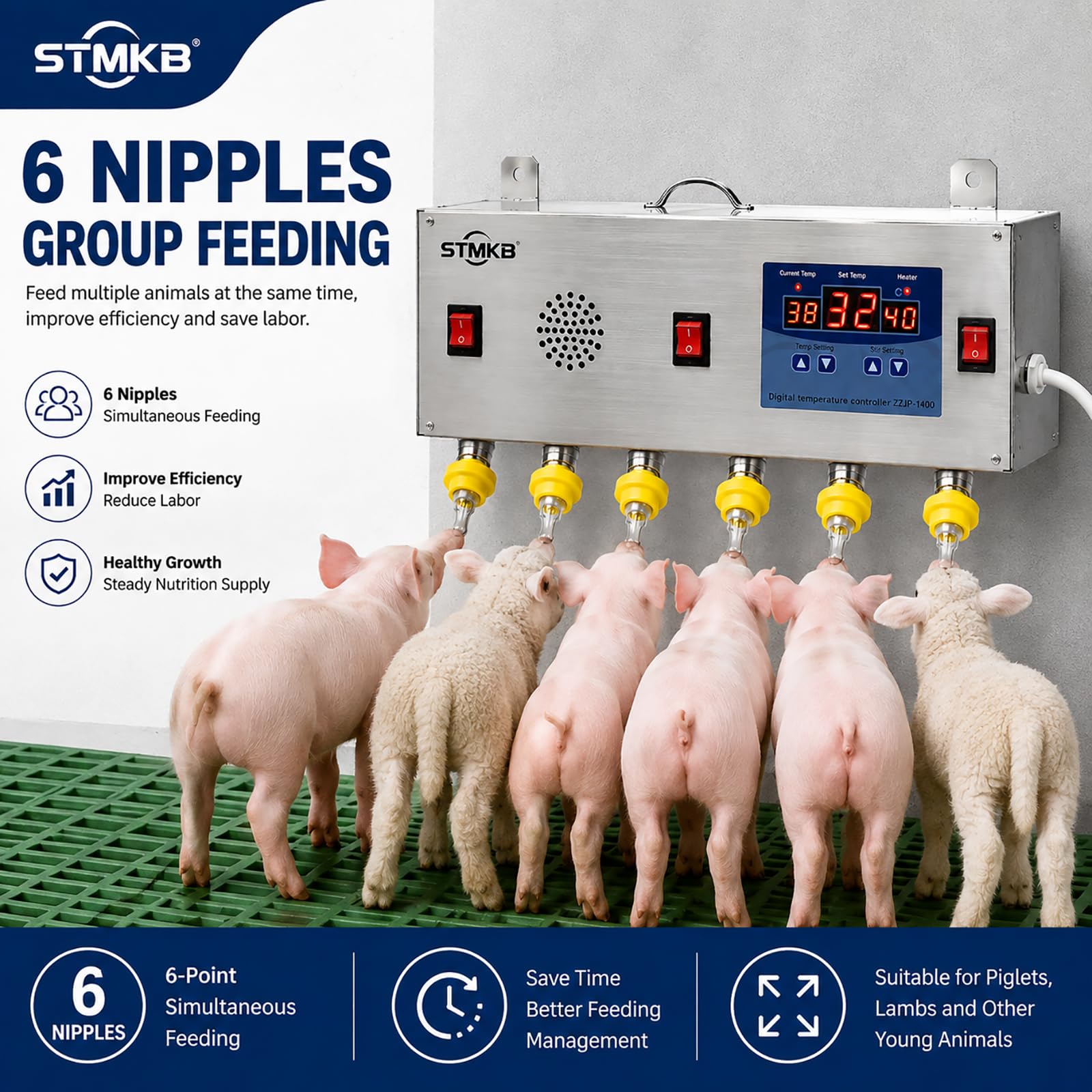 Distributore Automatico di Latte per Animali con Controllo della Temperatura, Alimentatore A Parete in Acciaio Inox A 6 Tettarelle con Pompa di Circolazione, Distributore di Latte E Acqua per