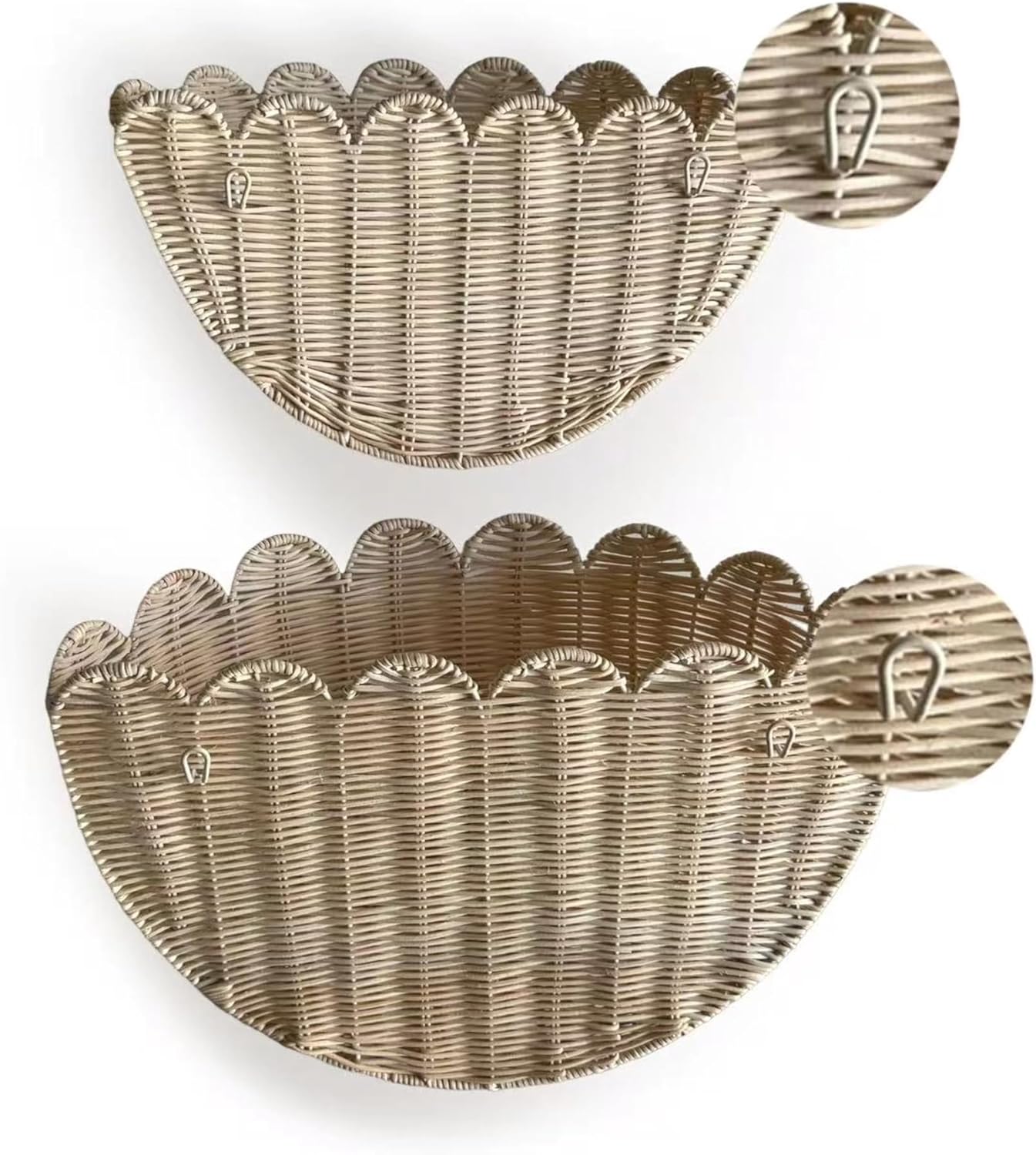 2pcs woven wall baskets,scalloped wall basket,hanging basket,16" x 10" x 7"In & 14" x 8" x 6"In