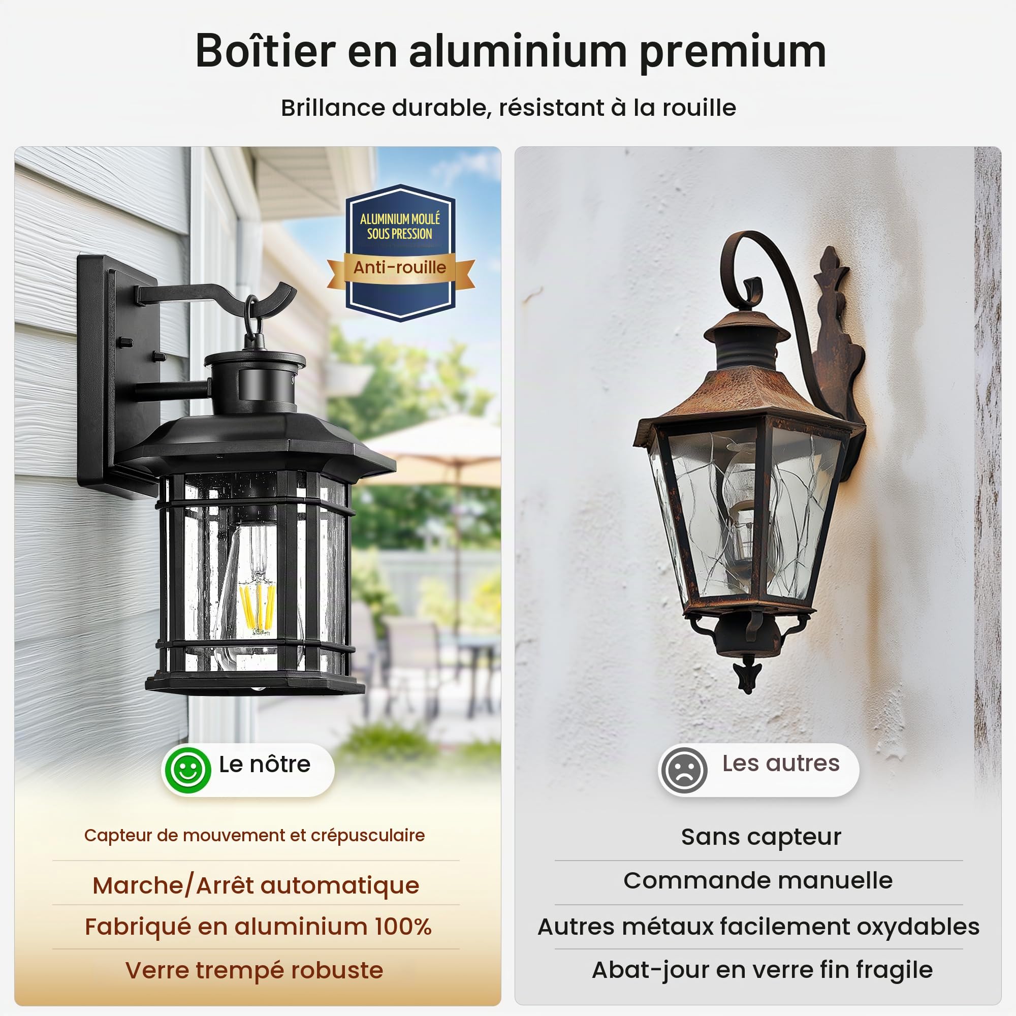 VIANIS Lampe Extérieur avec Détecteur De Mouvement, Applique Murale Exterieur 4 Modes avec Verre à Grains, Lanterne Exterieur Moderne Noir en Aluminium, Luminaire Extérieur Antirouille à Culot E27