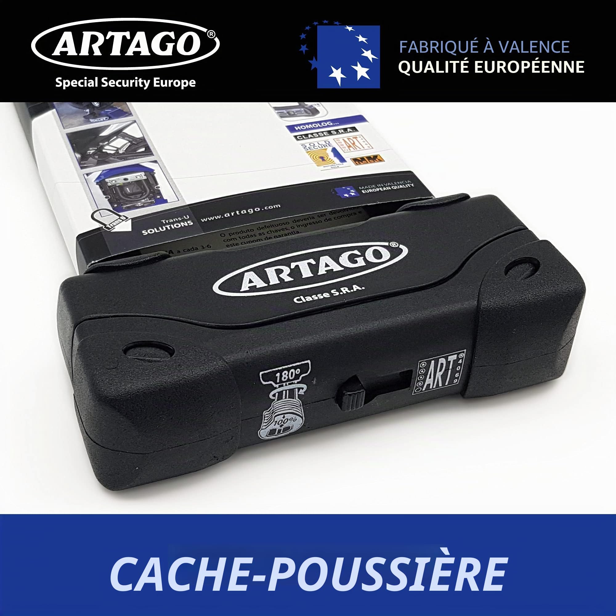 Artago 18ART270 Antivol U Moto Haut de Gamme Homologué SRA, Sold Secure Gold, ART4, BUNKER SELECTION, Acier Trempé ø18mm, Double Système de Verrouillage MRT Blindé, 85x245mm, Cadenas en U pour Moto