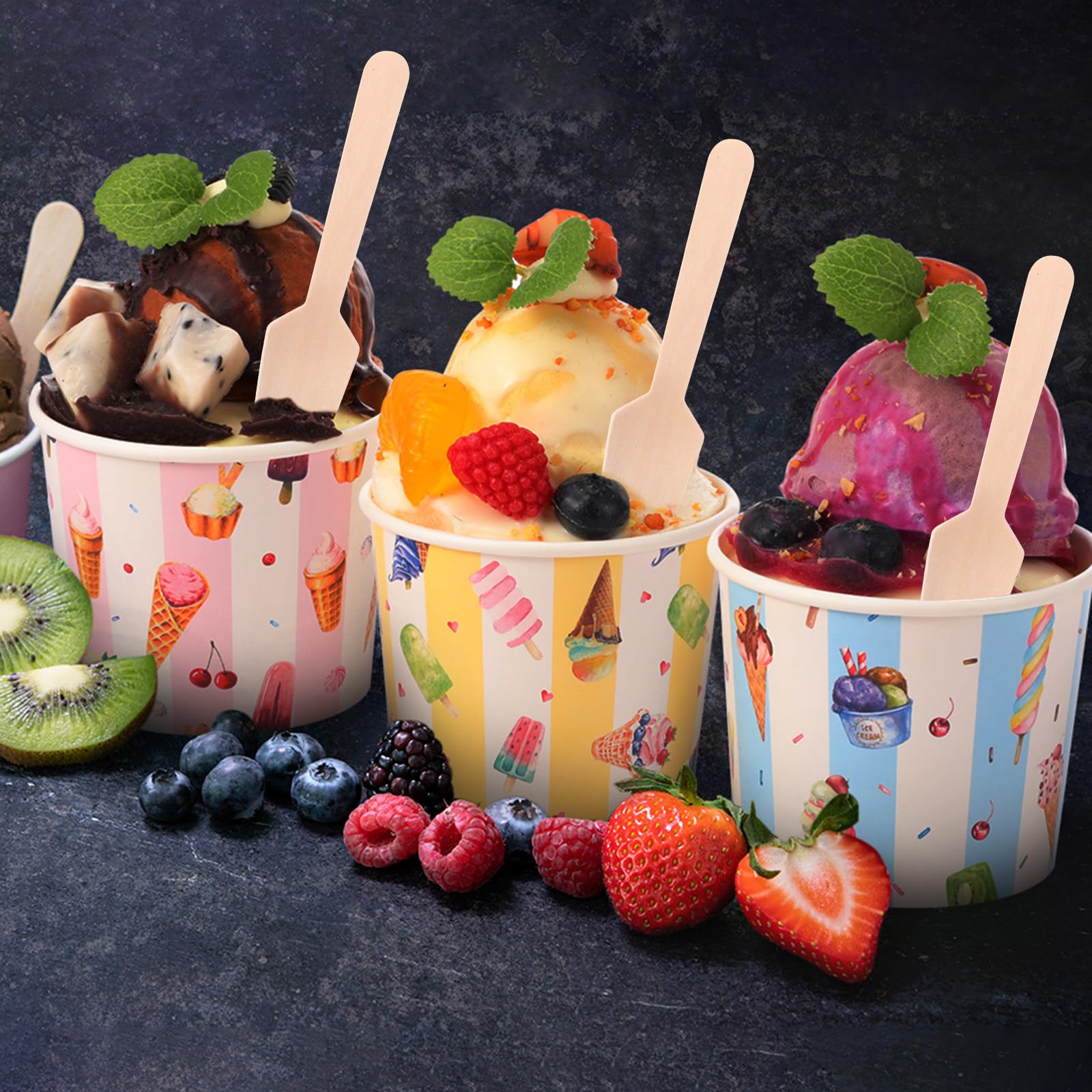 Juego de 100 tazas de helado de 6 onzas a granel con cucharas, cuencos desechables de postre coloridos para alimentos calientes o fríos, recipientes de Sundae, suministros de fiesta para