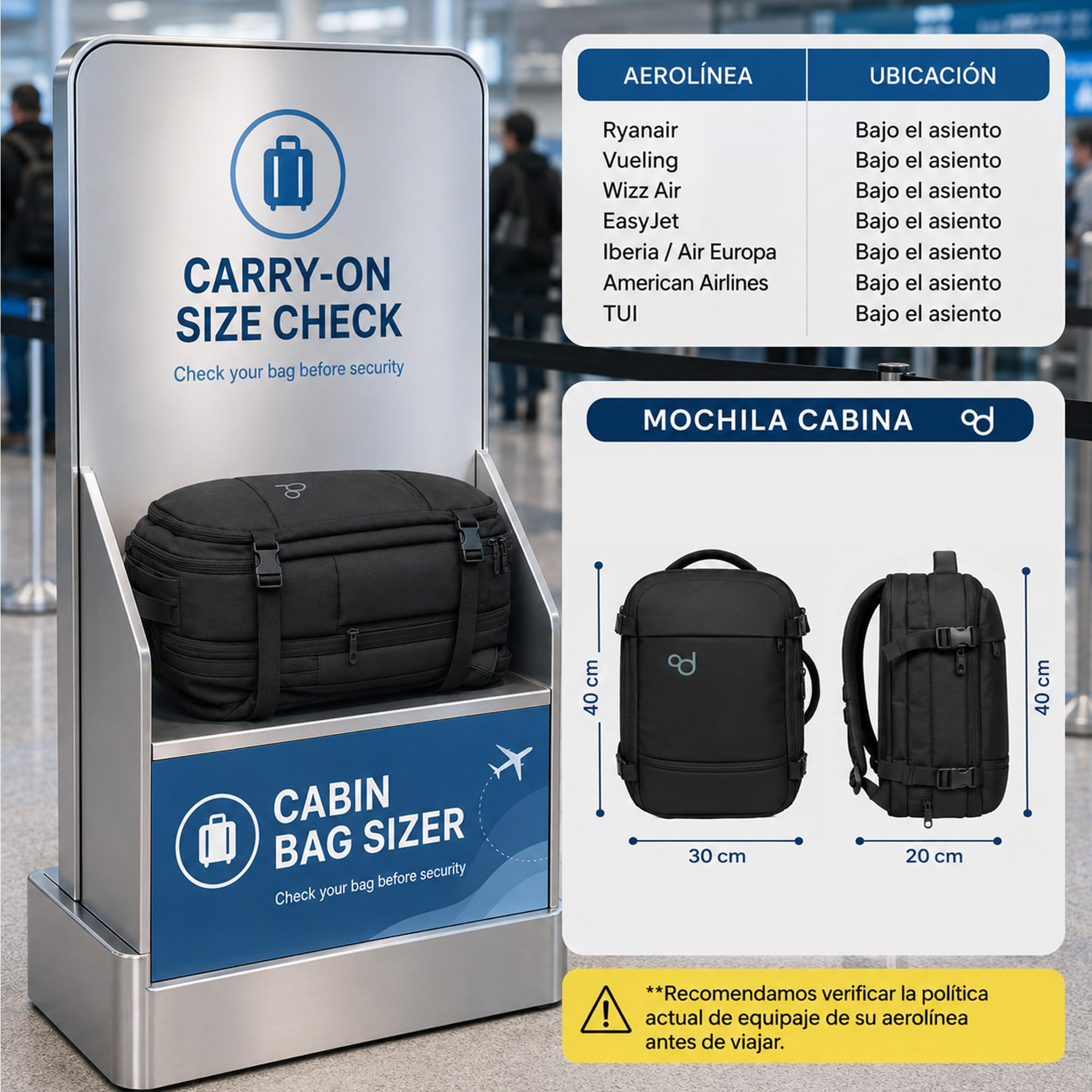 OcioDual Mochila Viaje Cabina Avion 40x30x20 Equipaje de Mano Expandible de 17-20 cm