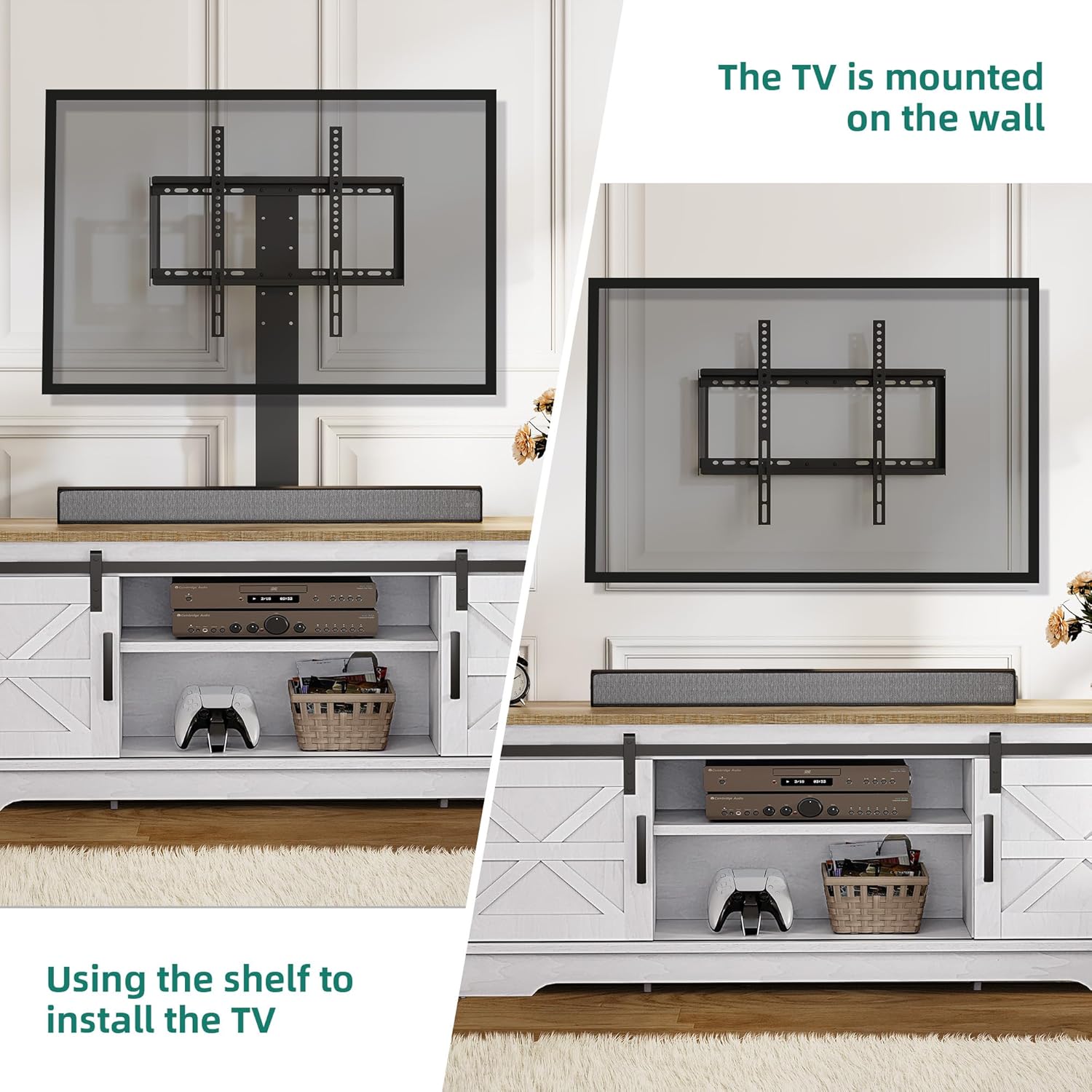 YITAHOME Farmhouse TV Stand with Mount, Television Stand Mount with 3 Height Adjustment for 32-70 inch TVs, Entertainment Center Media Console w/Sliding Barn Door for Living Room, Grey White/Grey Wash