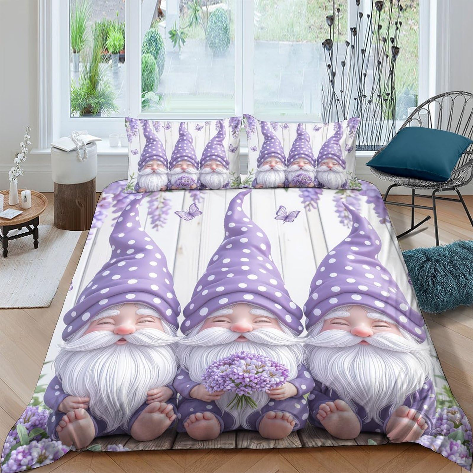 GPLZQXKJNH 3D Printed Purple Gnome Duvet Cover Microfiber Soft Breathable Lavender Elf Bedding Set with 2 Pillowcases for Bedroom Decor Single（135x200cm）