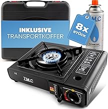 Z.M.C Gaskocher 1-flammig inkl. Adapter für LPG + Aufbewahrungskoffer Campingkocher Set mit Gaskartuschen 227g und Grillplatte Wählbar, für Outdoor und Innenraum, Campinggaskocher mit Piezozündung