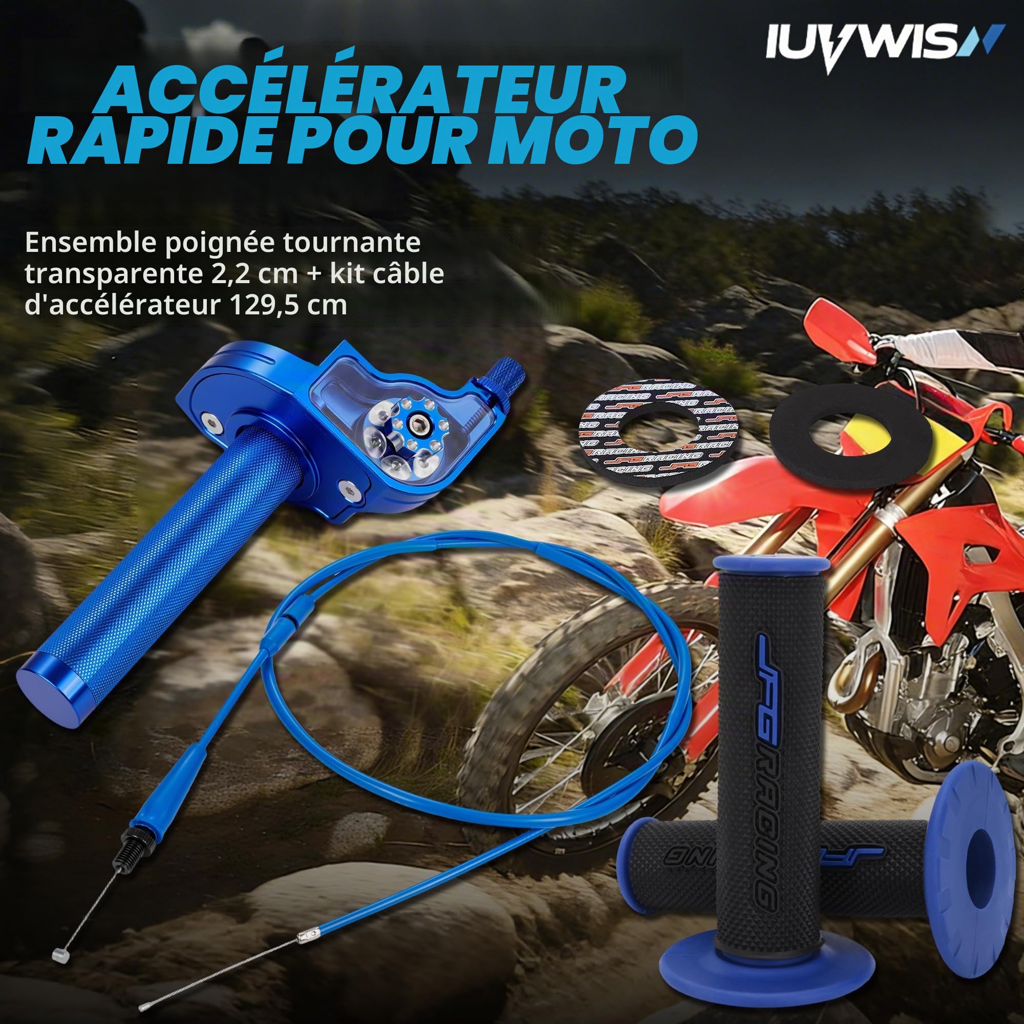 Poignee Accelerateur Moto 7/8 '' 22MM Moto Rotatif et Câble D'accélérateur avec Poignée de 50 110 125 150 200 250cc Dirt Pit Bike ATV (Bleu)