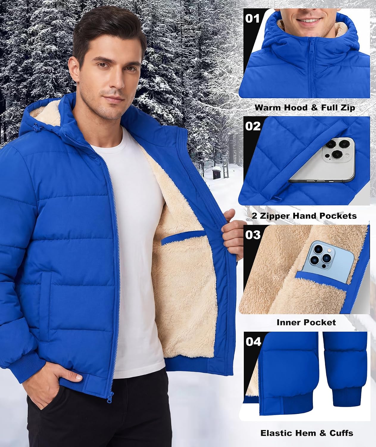 GEEK LIGHTING Men's Winter Jackets Waterproof Windproof Sherpa Lined Insulated Hooded Puffer Jacket Padded Coats