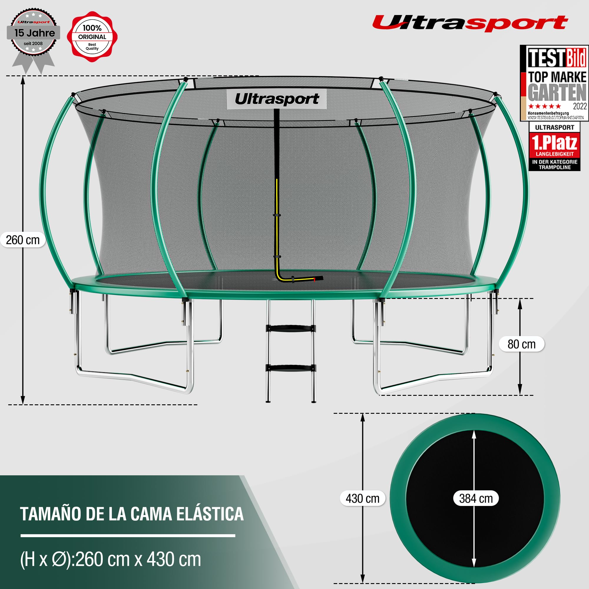 Ultrasport Cama elástica de Jardín, Set con Superficie de Salto, Red de Seguridad, Postes Acolchados y Cubierta del Borde, Resistente a la Intemperi, Unisex,Springs o sistema de cuerdas elástico
