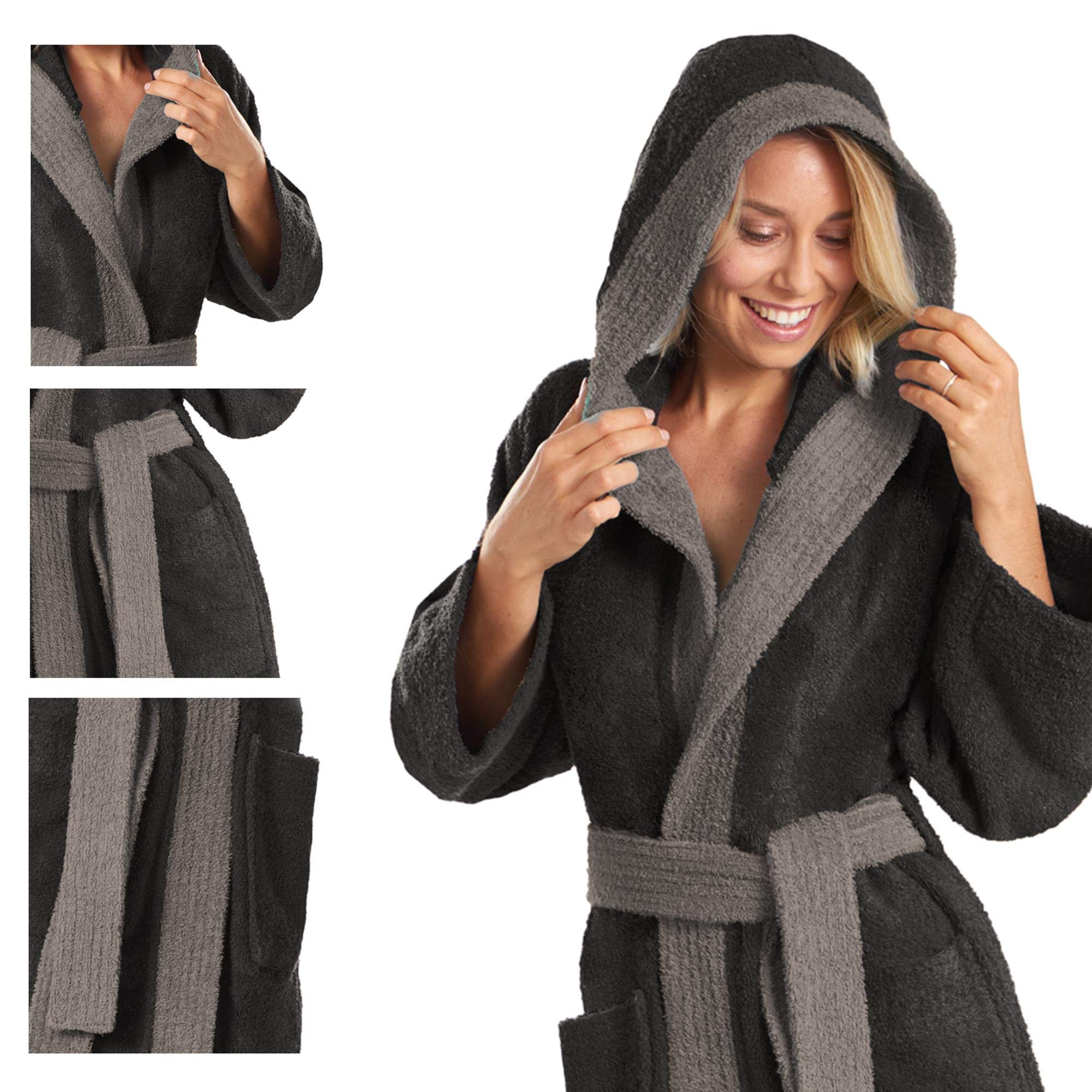 aqua-textil Föhr Accappatoio con Cappuccio A Tinta Unita Lungo Tasche Applicate Cuciture Decorative Donna Uomo Unisex Puro Cotone