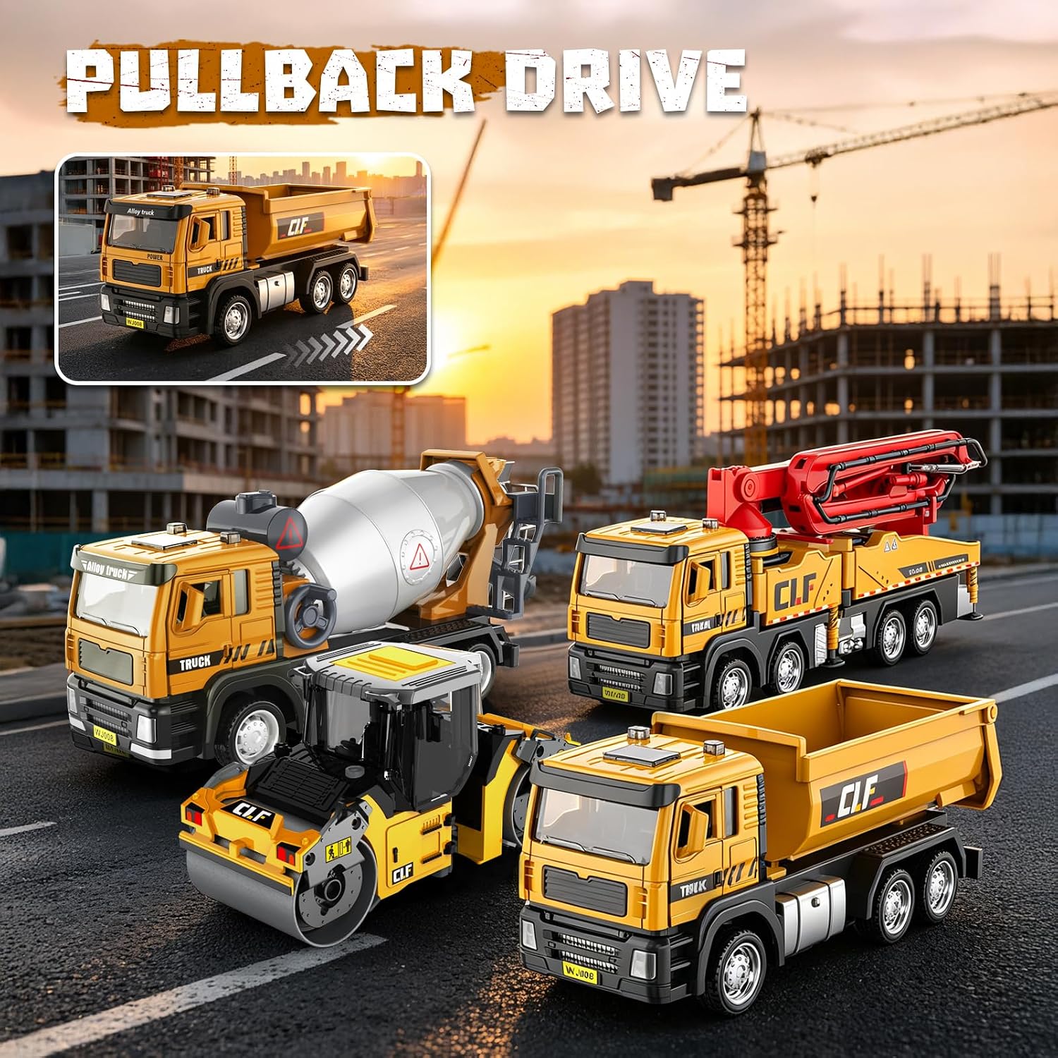 2 Pack-Cast Construction Toy Set, 1:50 Cement Mixer Truck Road Roller, Realistic Functional Engineering Vehicles for Kids 3-9