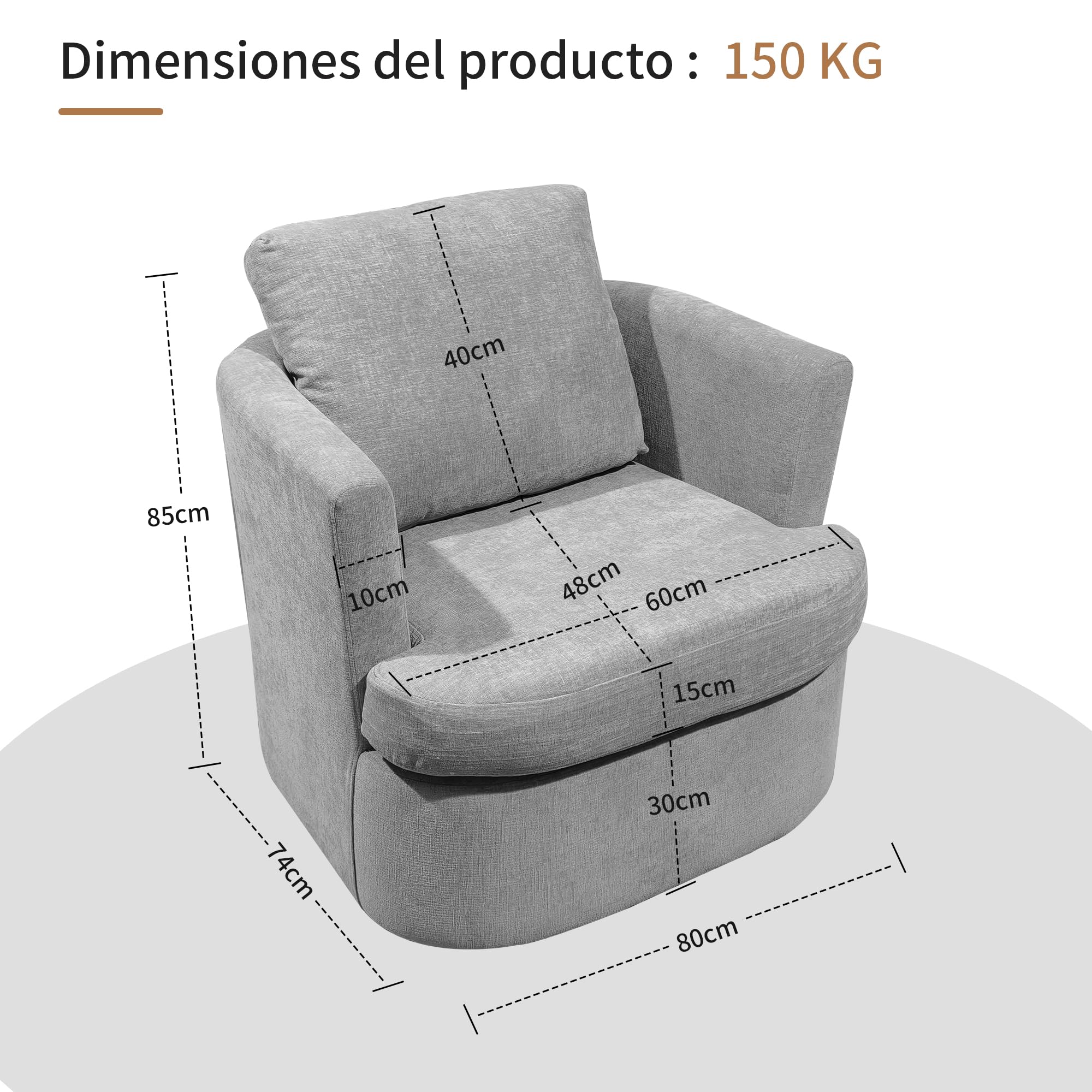 BonVache Sillón Giratorio, Sillón de Felpa, 360° Giratorio, con Respaldo en Forma de U y Asiento Acolchado, Adecuado para Sala de Estar, Dormitorio y Oficina, Gris