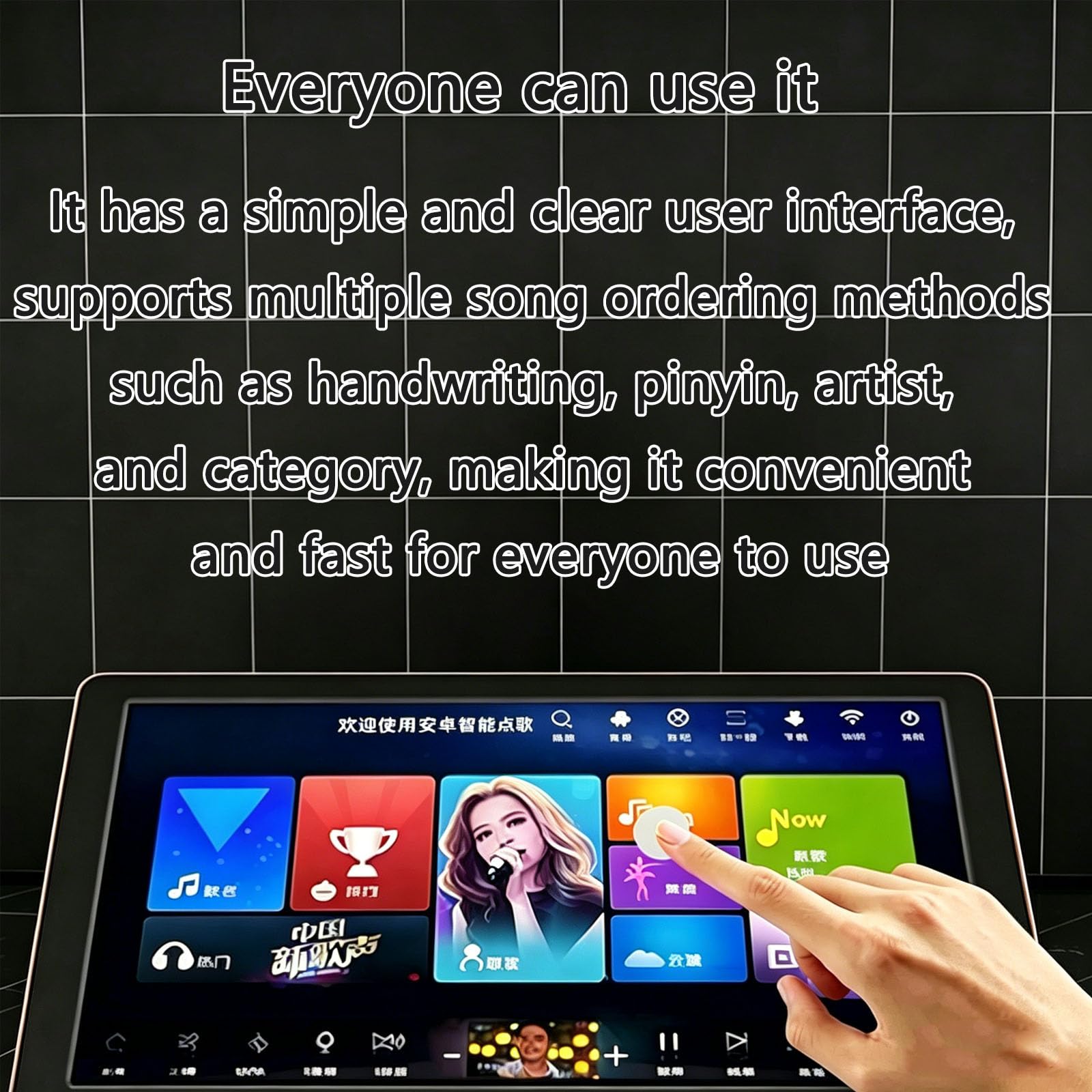 Macchina per Karaoke da 21,5 Pollici, 2 Microfoni Wireless, Sistema Touchscreen Portatile, Altoparlante Stereo Integrato E Bluetooth, Controllo Tramite App per Smartphone