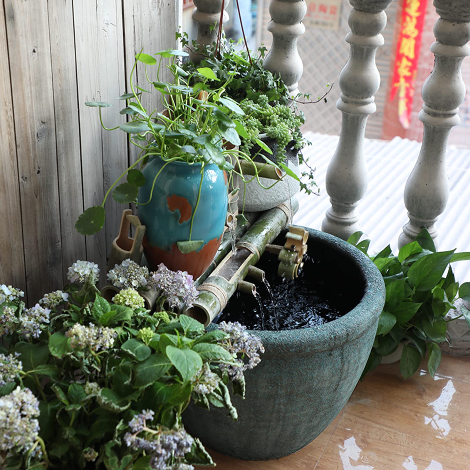Fuentes De Agua Para Jardín: Bebedero Para Pájaros, Fuente De Bambú, Sistema De Filtración Y Bombeo Con Tubería De Bambú, Sistema De Circulación De Agua Escénico, Balsa De Bambú De 55 Cm De Largo.