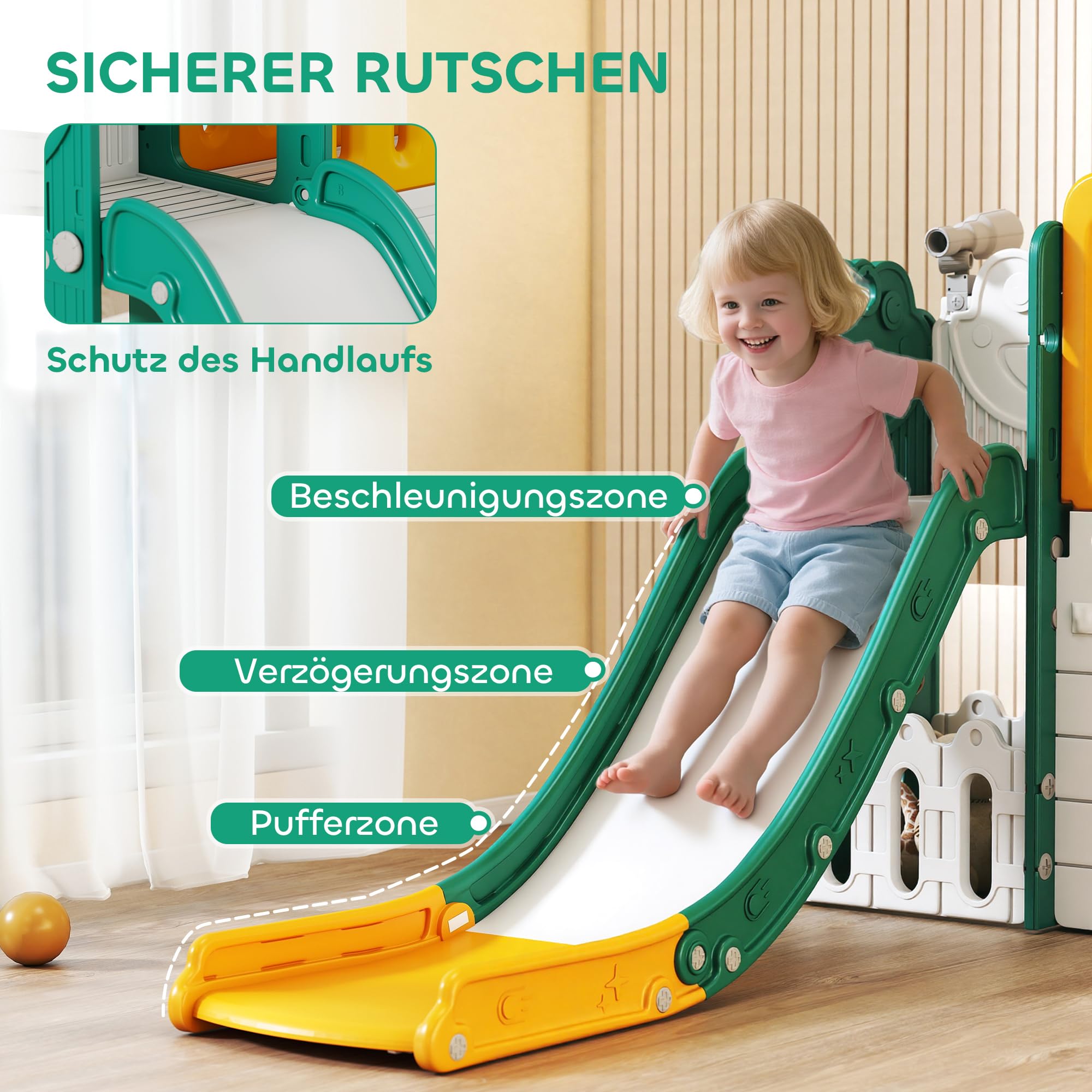 AIYAPLAY 7 in 1 Kinderrutsche mit Klettergerüst 1-4 Jahre Gelb+Grün | Kleinkindrutsche mit Basketballkorb, Tunnel, Teleskop, Stauraum, Spielhaus, Indoor und Outdoor Spielplatz, für Kleinkinder