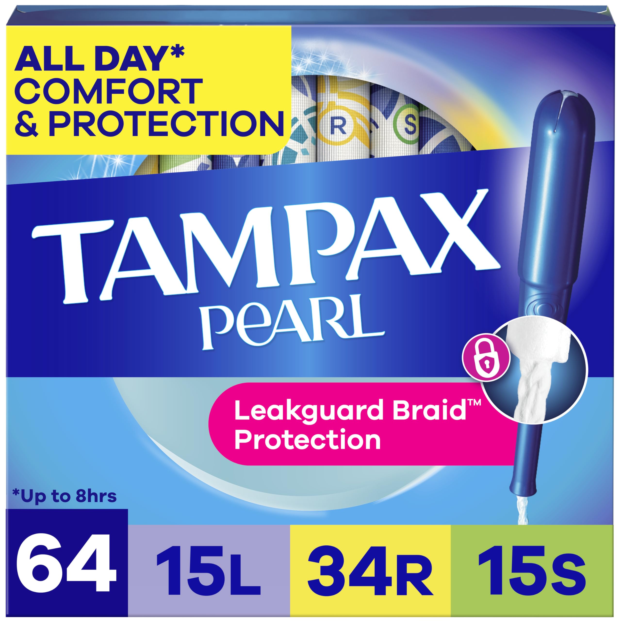 Tampax Pearl Tampons Tampons with Leak-Proof Braid, Lightweight/Regular/Super Absorbent, Unscented (Pack of 64)