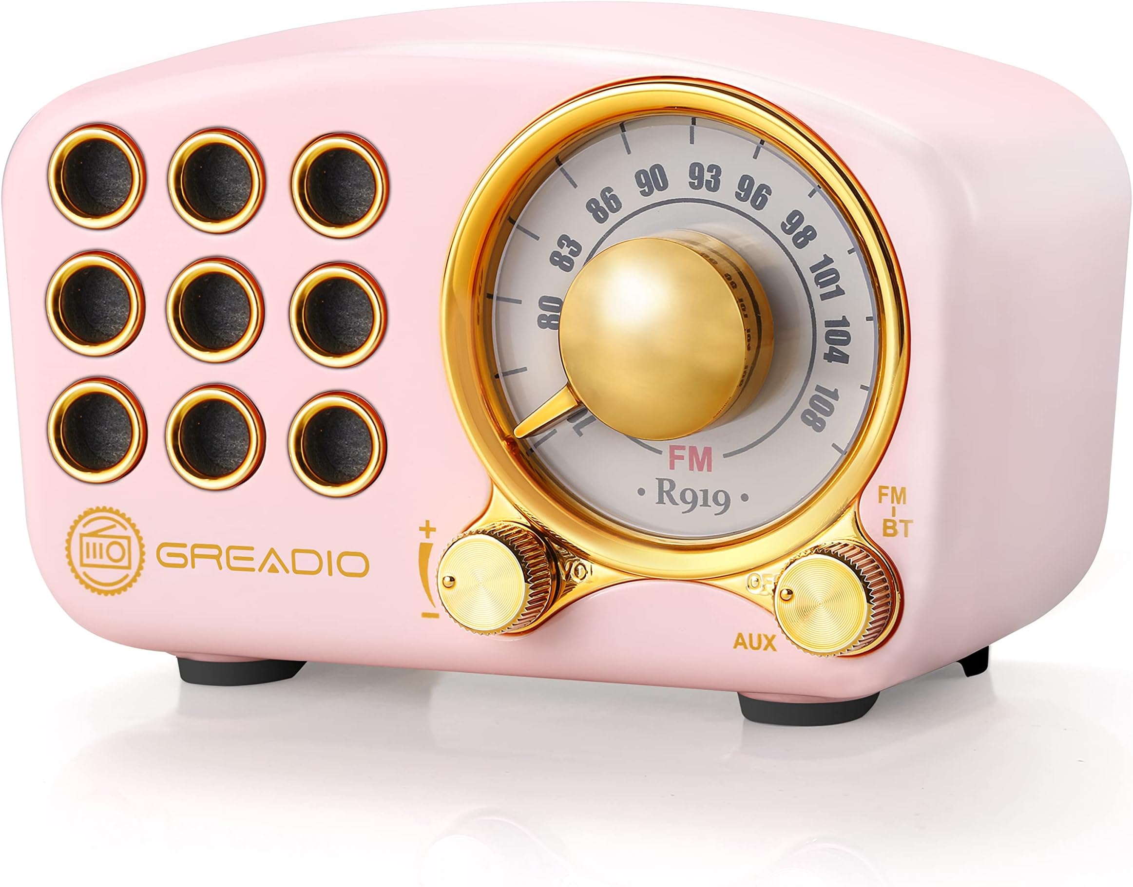 GREADIO Retro Portable Pink Bluetooth Speaker Radio with FM, 5W, 9H Playtime, Vintage Design