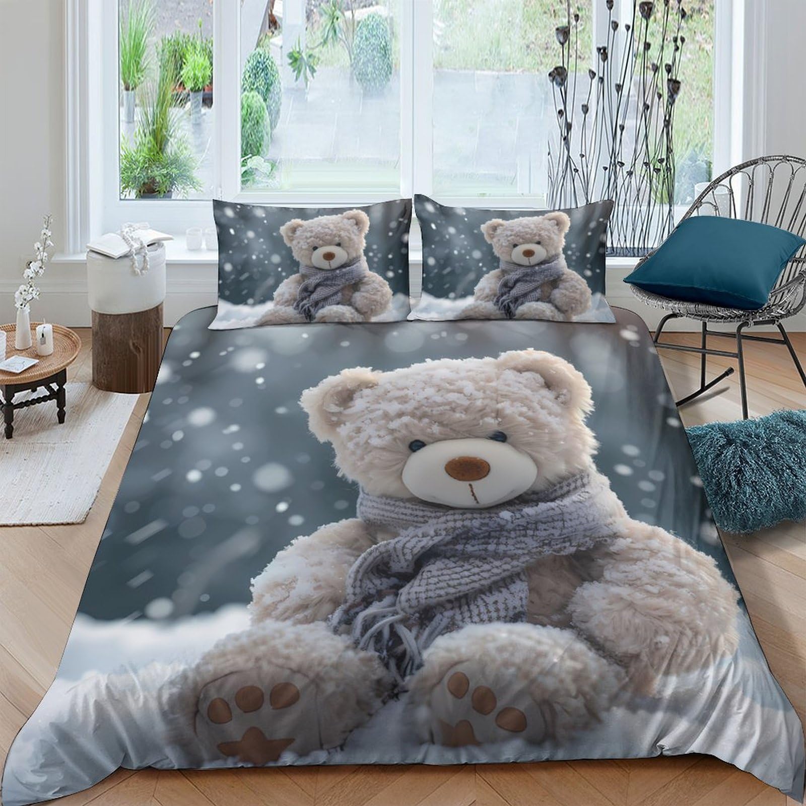 Ctjqhvkz Style-4 3D Printed Winter Teddy Bear Fitted Sheet Microfiber Soft Breathable Snow Scene Bed Cover For Bedroom Guest Room Decor Single（135X200cm）