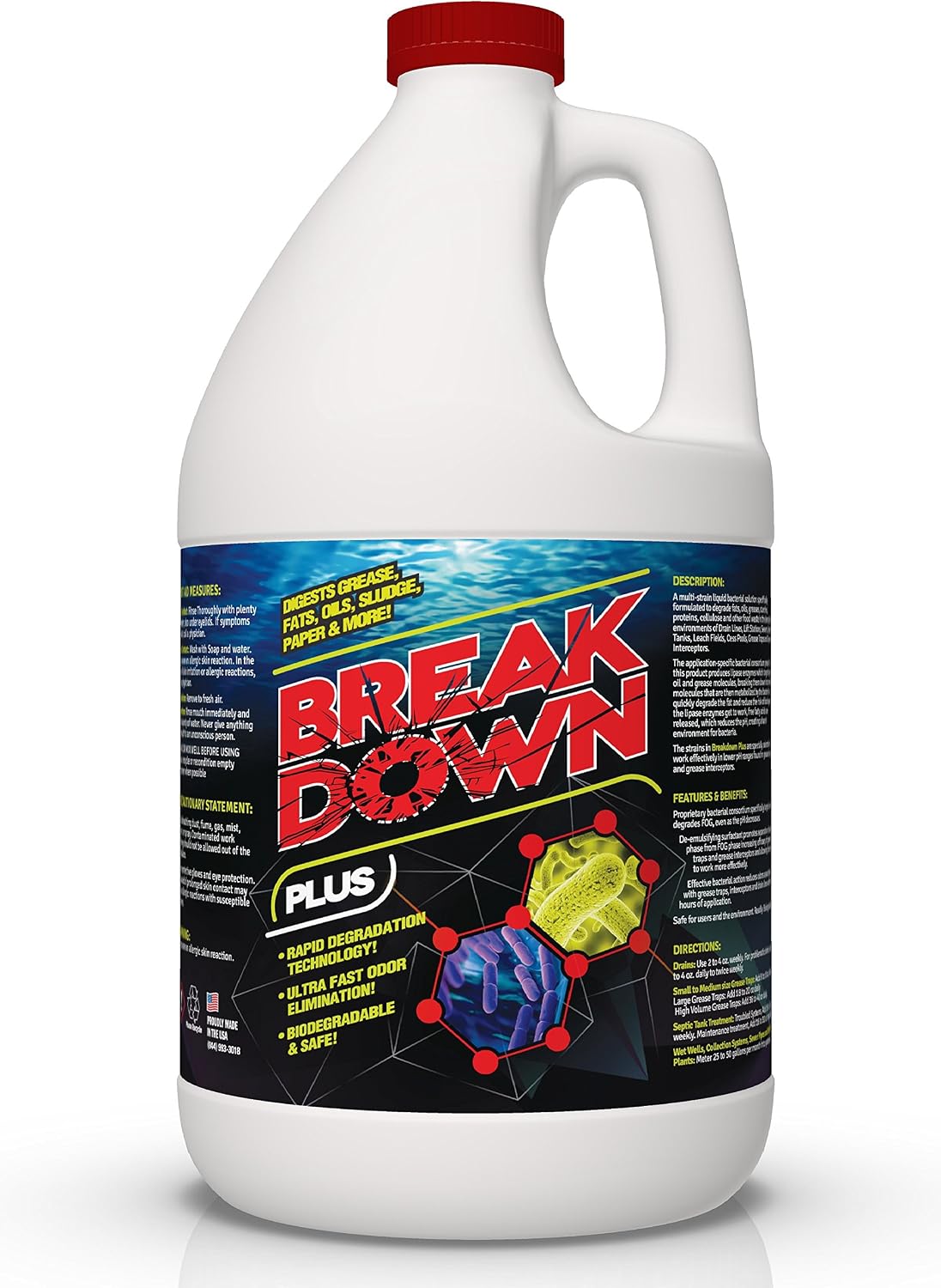 Concentrated Liquid Bacterial ENZYMES - Breaks Down Grease, Paper,Fat & Oil in Drain Lines, Sewer Lines, Septic Tanks, Grease Traps, RV & Boat Tanks & More! Controls Foul Sewer Odors! (1 Gallon)
