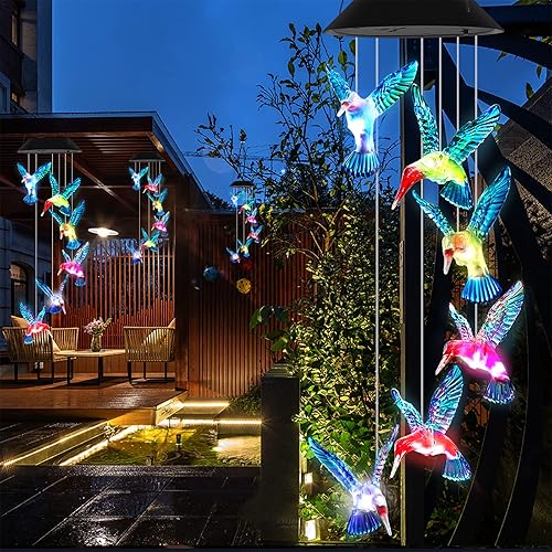 Miniatura 4 de Campanillas de viento de colibrí, luces solares para jardín, campanillas de viento solares que cambian de color, regalos de colibrí para mamá,