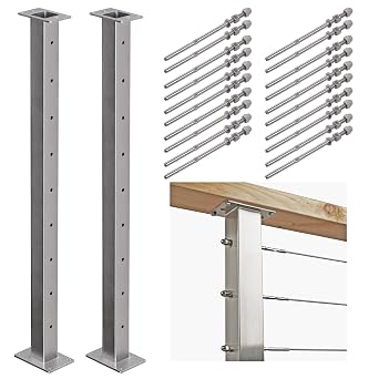 2 Pack Stainless Steel Cable Railing Post2"2" with 1/8 Cable Railing Kit, Level drilled 2, Silvery, 36 inch
