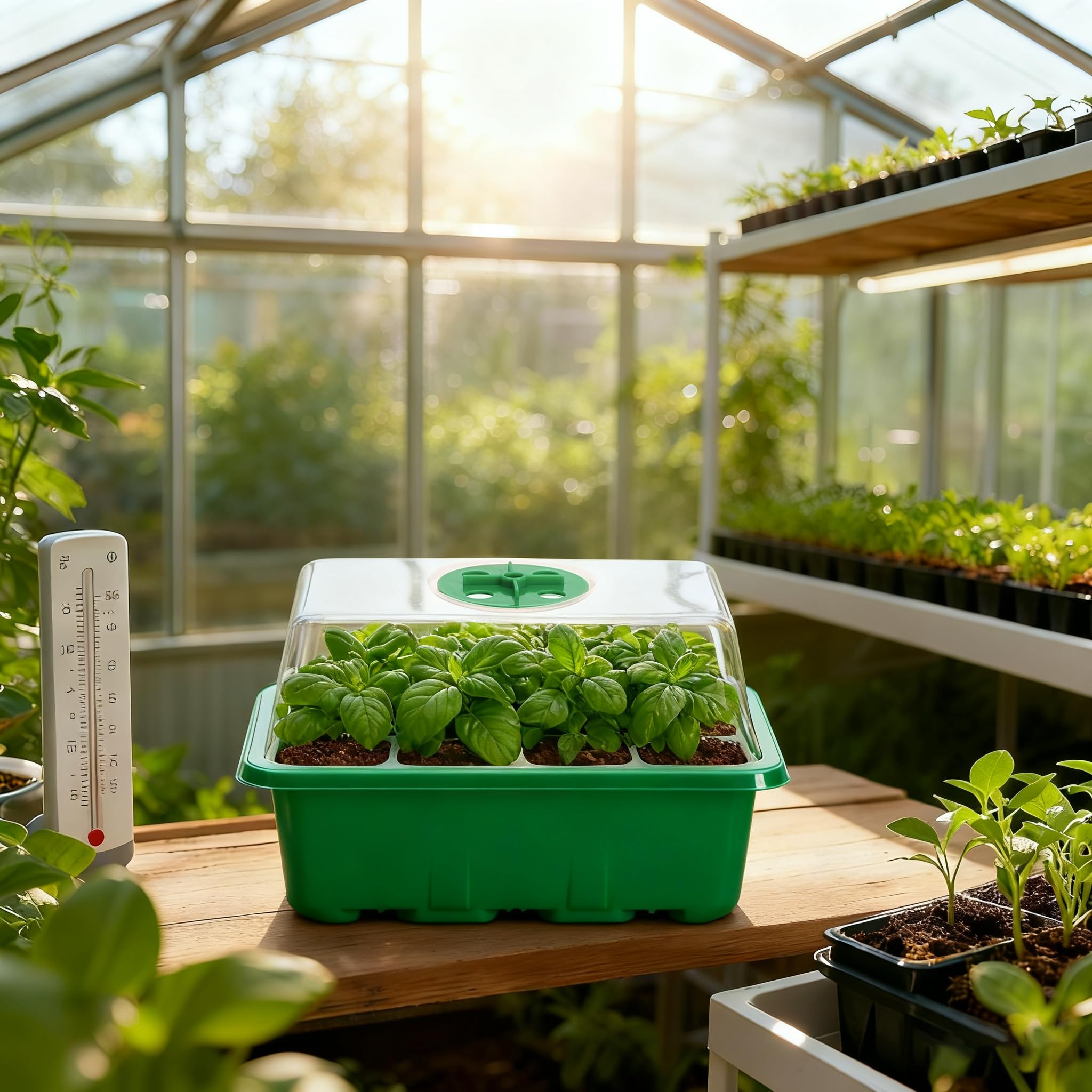 Bonviee 5-Pack Seed Starter Trays, Seed Starter Kit with Adjustable Humidity Dome and Base Indoor Greenhouse Mini Propagator for Seeds Growing Starting (12 Cells Per Tray, Green)