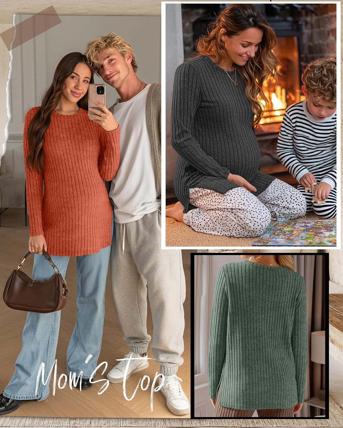 3 Pack Women's Maternity Shirts, Ribbed Long Sleeve Pregnancy Sweaters Knit Split Side Crew Neck Tunic Tees Tops