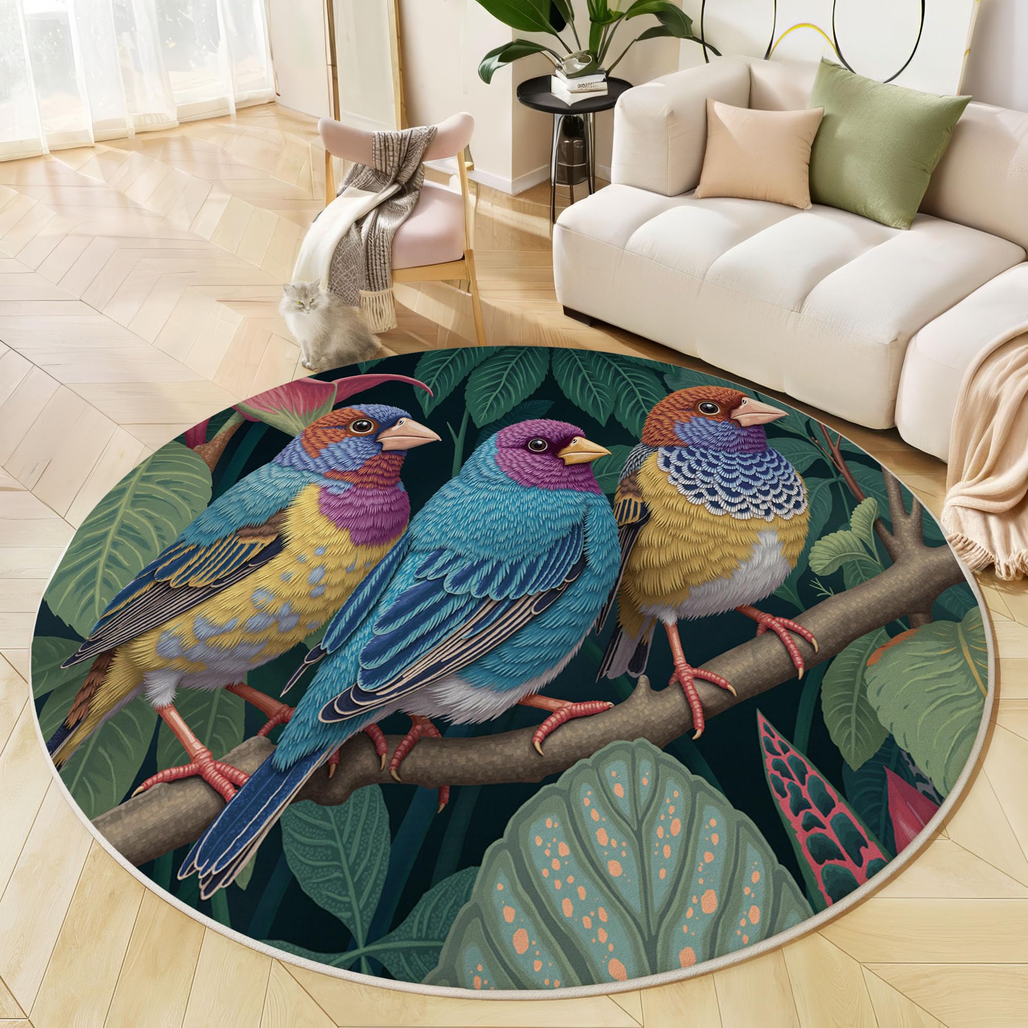 Tapis rond vert foncé résistant aux animaux et lavable imprimé jungle 180cm