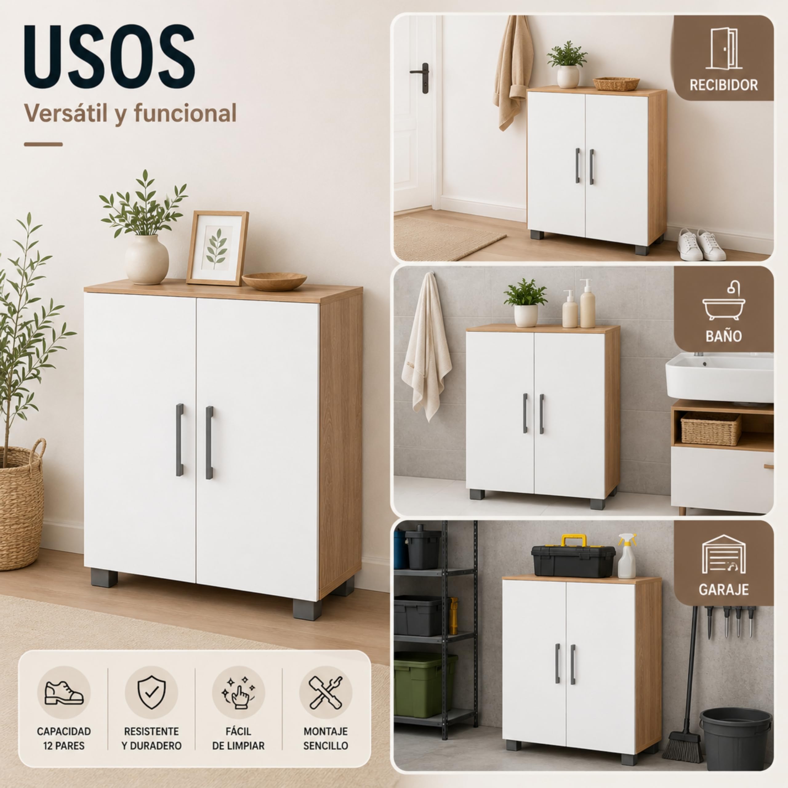 Armario Zapatero Bajo, Mueble Multiusos en Roble y Blanco, 70 x 32 x 82 cm Iris