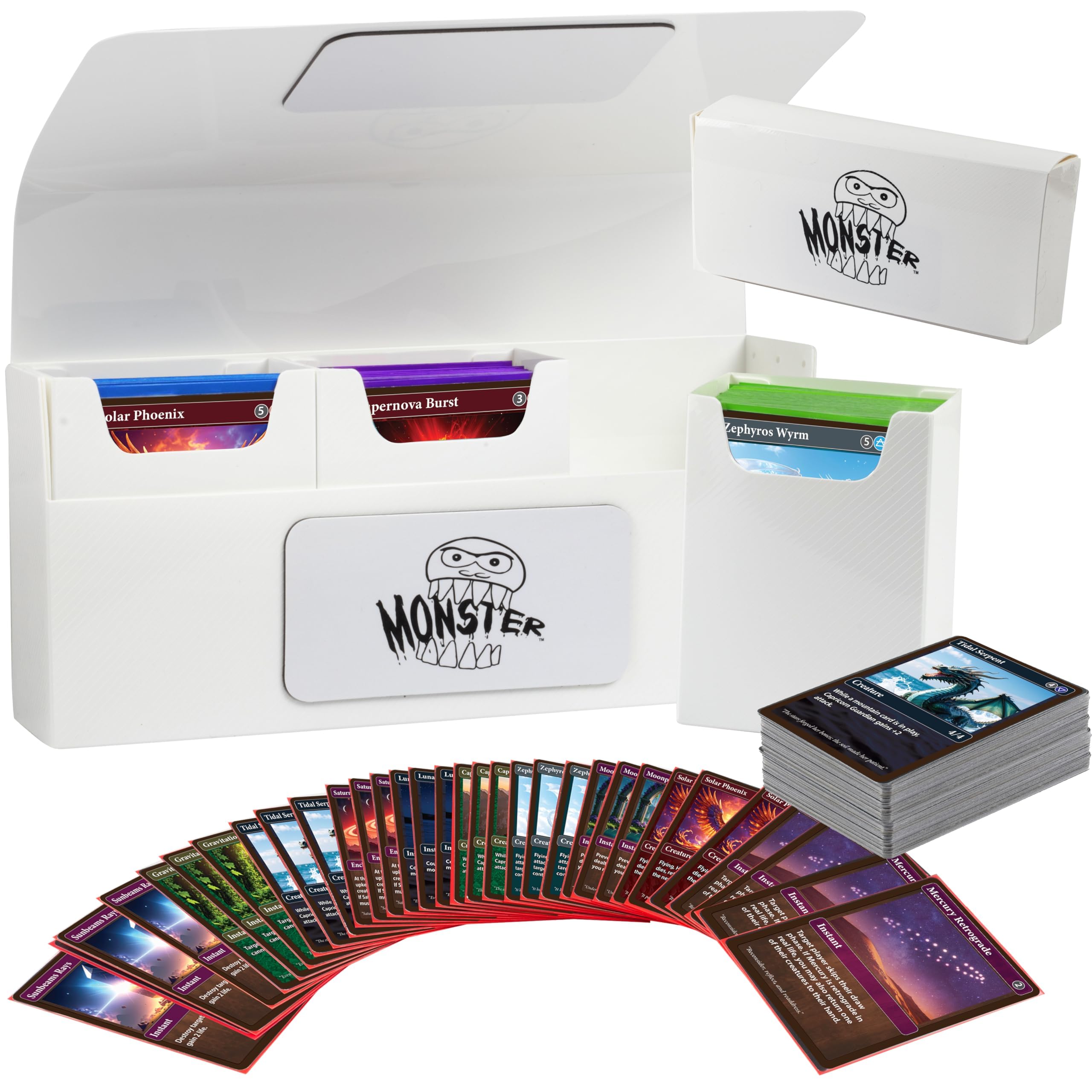 Monster Protectors Magnetic Triple Deck Box- White, Holds 225 TCG Cards, Self-Locking Closure- Compatible with Pokémon, MTG Magic: The Gathering, & Yu-Gi-Oh | Fits Standard & Small Size Trading Cards