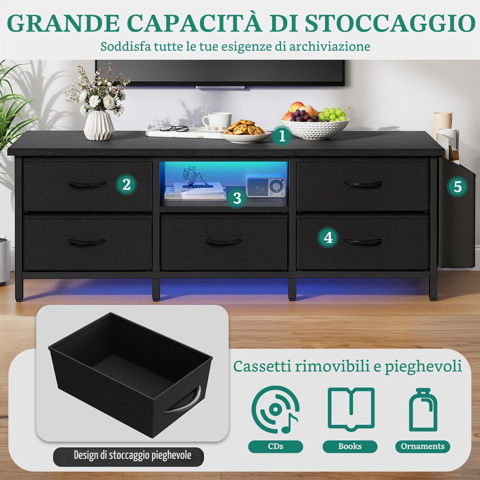 YITAHOME Mobile TV, mobile porta TV per soggiorno, con 5 cassetti pieghevoli e mensole, mobile TV con illuminazione a LED RGB con armadio, 145 x 35 x 50 cm, nero