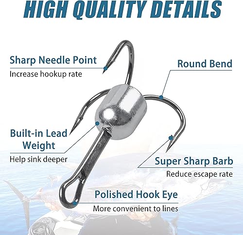 Miniatura 10 de Ganchos para enganchar con peso para agudos, 5 anzuelos de pesca grandes con peso para peces agudos pesados, para pesca de cebo, trucha, lubina, 1