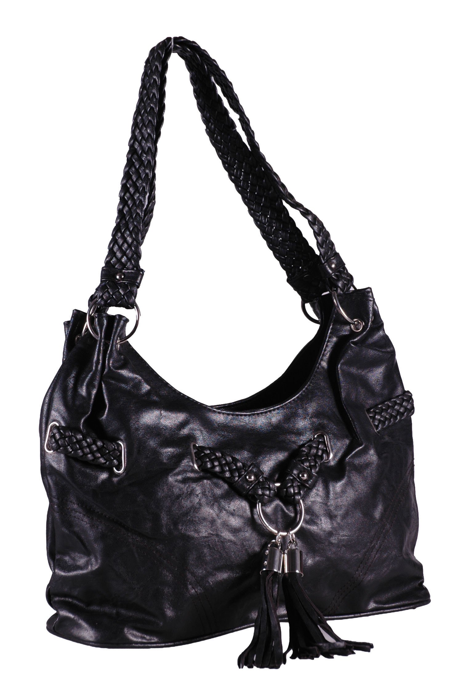 Eye Catch Women's Black - Florence Faux Leather Braided Handle Tote Shoulderbag Handbag