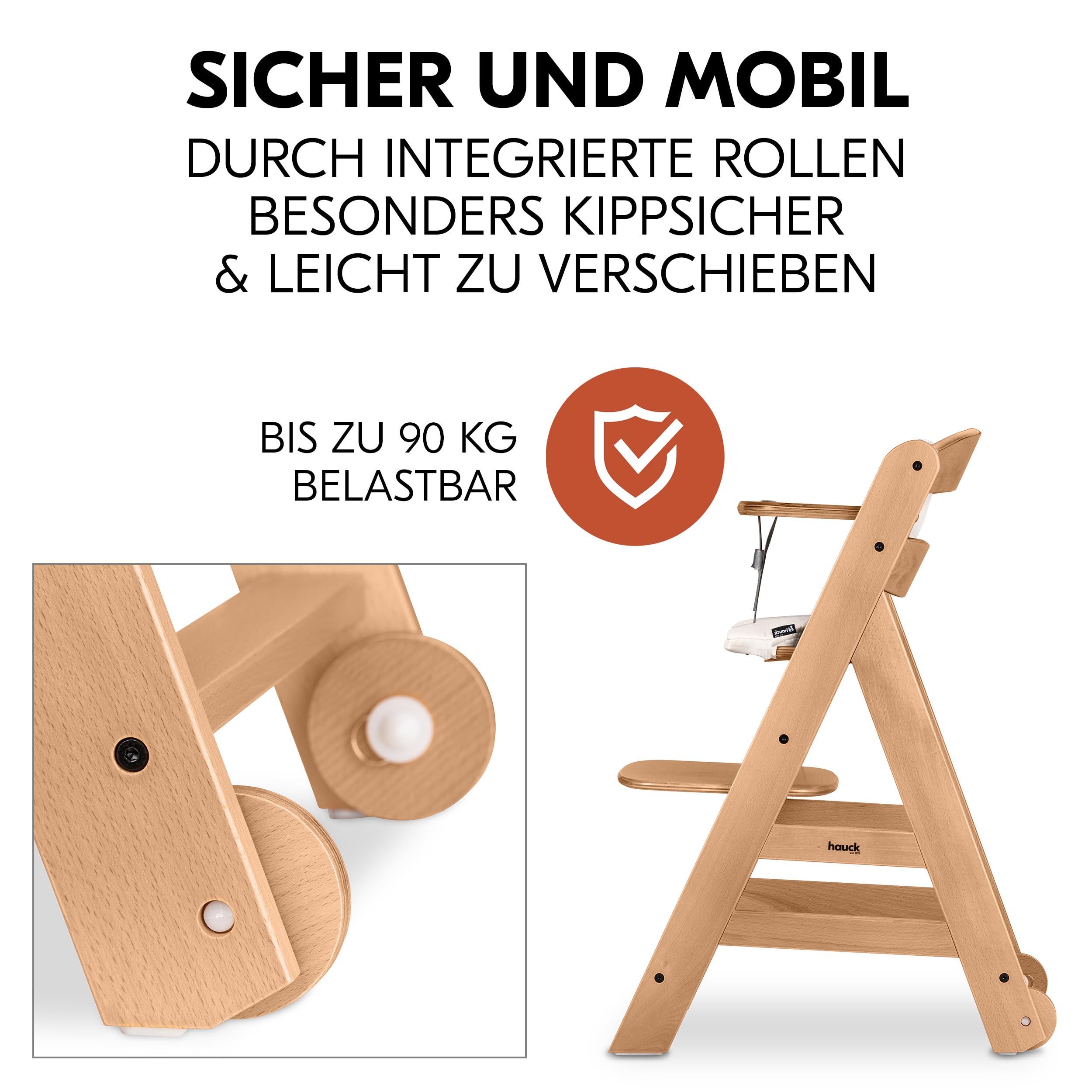 hauck Beta+ Hochstuhl Newborn Set mit Eco Bouncer - Natural | Mitwachsender Holz Kinderhochstuhl mit Rollen ab Geburt bis 90 kg | inkl. Neugeborenenaufsatz, Essbrett & Sitzkissen