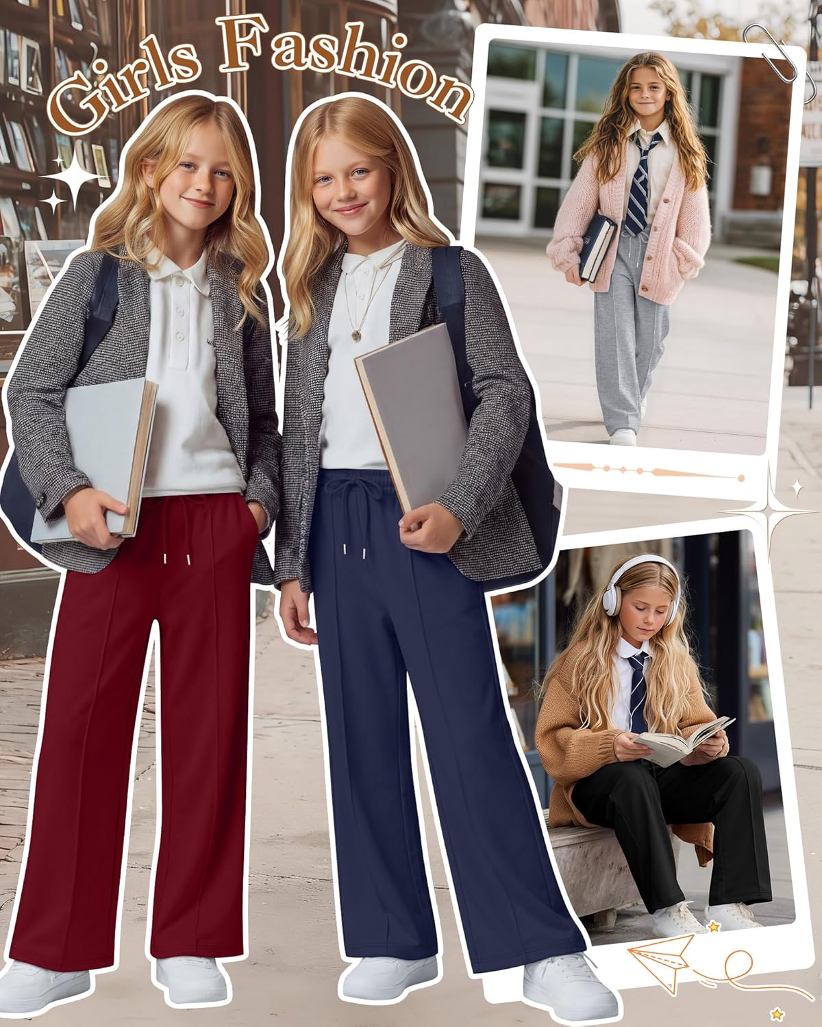 4 Pack Girls Sweatpants Teen Girls Baggy Wide Leg Pants Drawstring Joggers Athletic Trousers with Pockets 5-14Y - Image 3