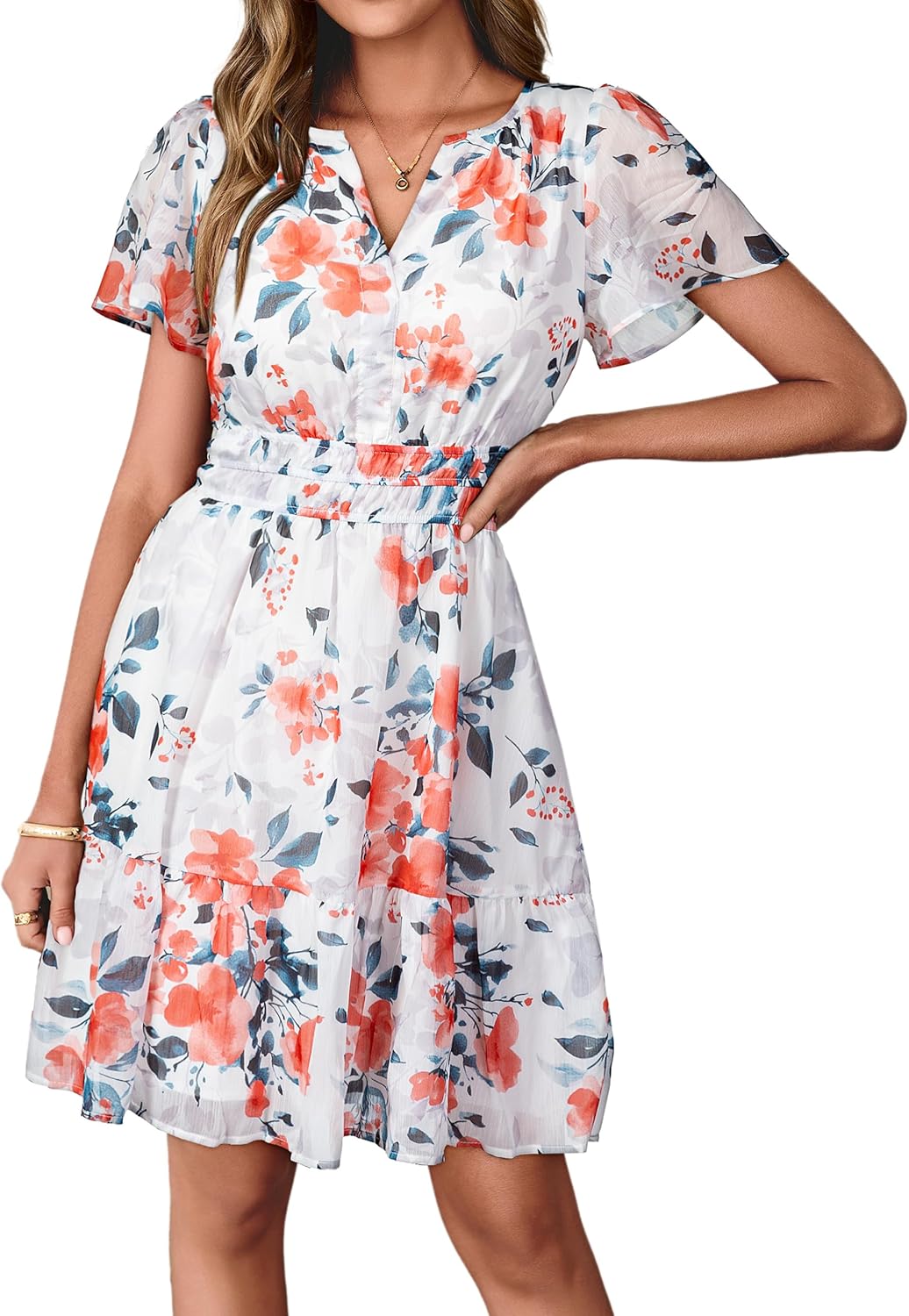 Simplee Women 2026 Floral Summer Short Dress Short Sleeves V Neck Chiffon A-Line Casual Flowy Boho Mini Dresses