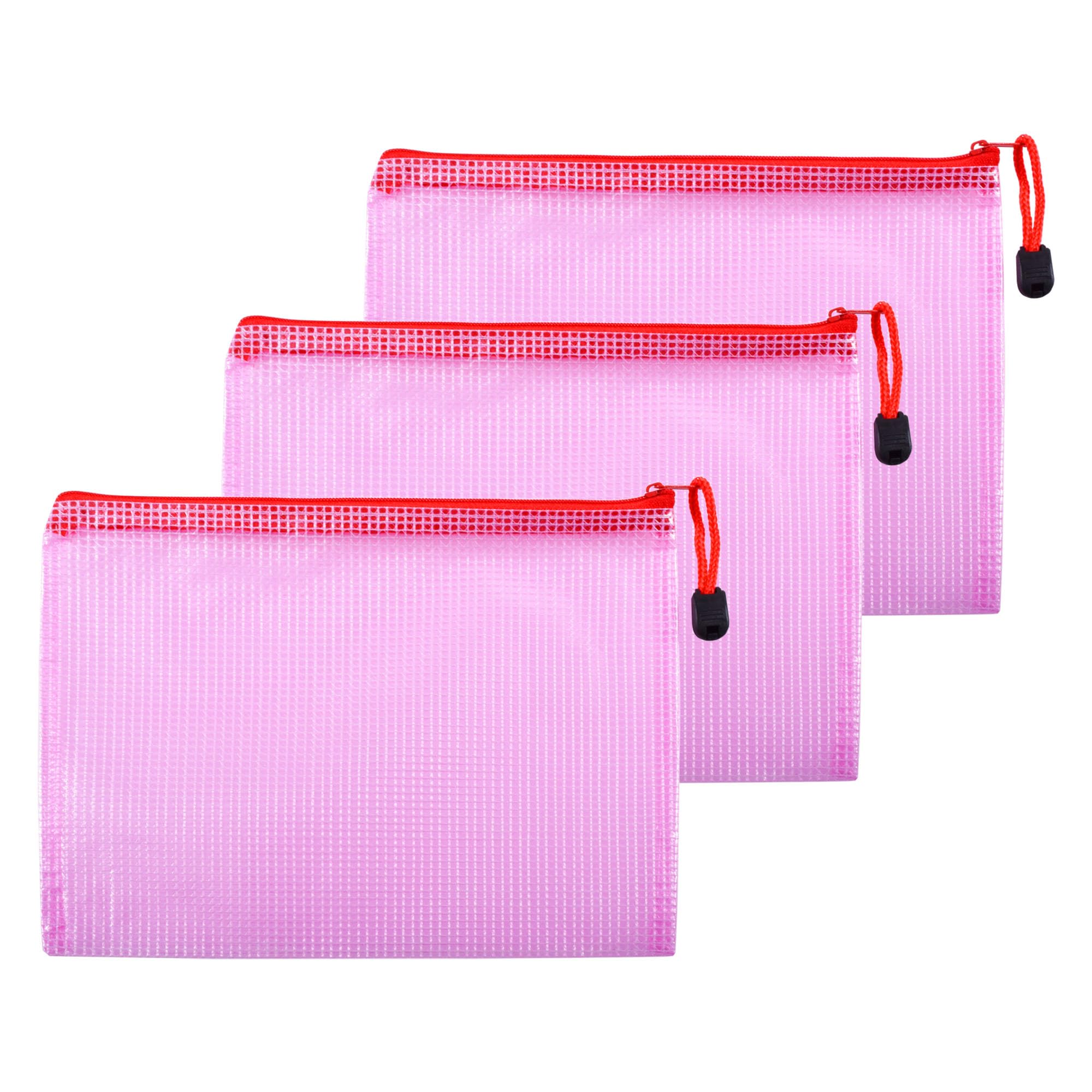 Skweawert 3 Pcs 9.25" x 6.69" A5 Sizes Mesh Zipper Pouch Bags, Mesh Bags with Zipper，Waterproof Clear document pouch for Organization Puzzles Travel, Office, Classroom Organization, A5 Red — image 1