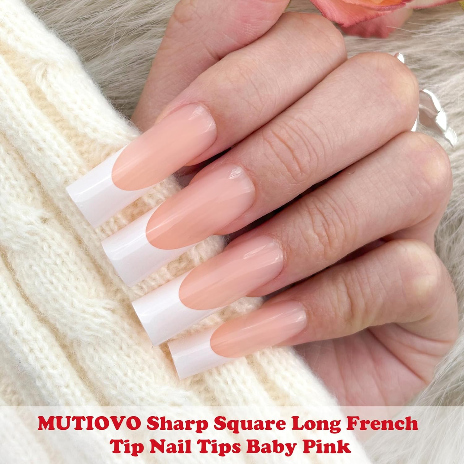 White French Tip Long Straight Square Nail Tips Press on, BABY PINK Extra Thick Soft Gel Nail Extension, Full Cover False Nails, NEED Builder Glue Gel & Top Coat, for DIY x 15 Sizes 180 pcs