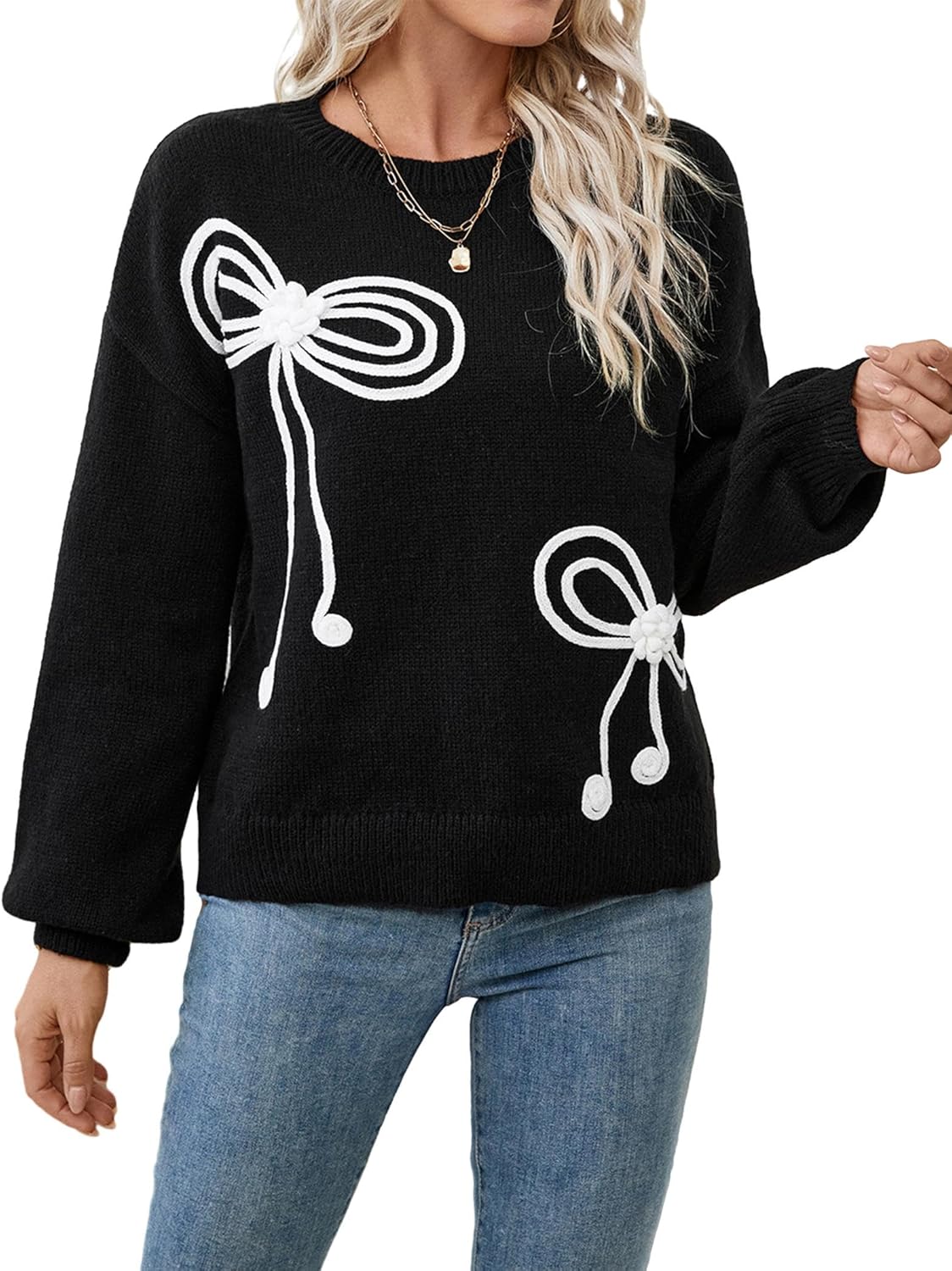 Womens Oversized Cute Valentine's Day Sweater Spring 2026 Bow Crewneck Long Sleeve Pullover Sweaters
